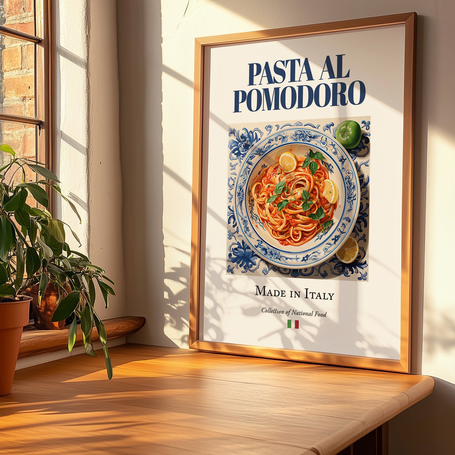 Pasta al pomodoro – Italian Pasta, Restaurant Wall Art, no-text version framed in wood