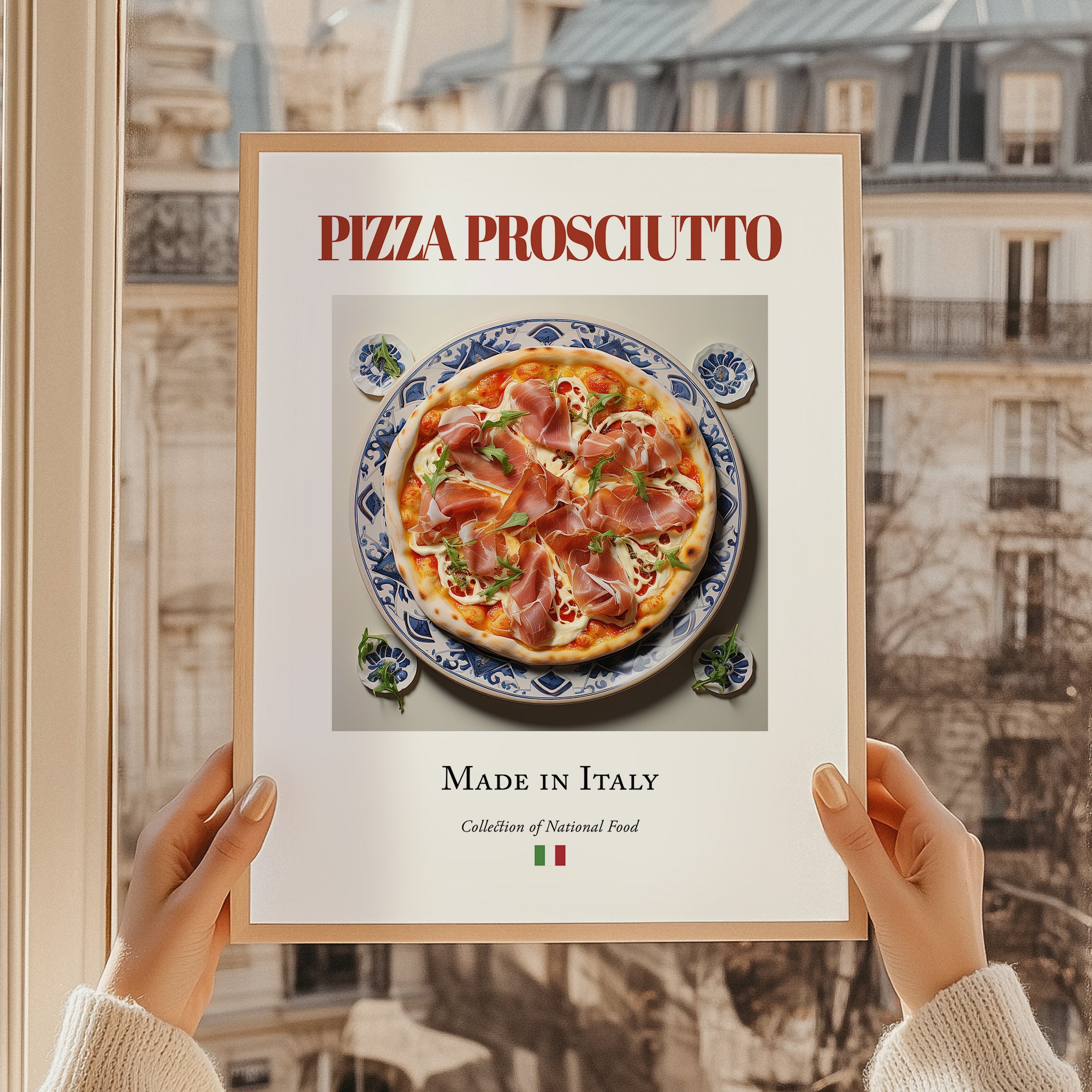 Pizza prosciutto – Italian Pizza, Trattoria Painting, styled in a charming Paris street view