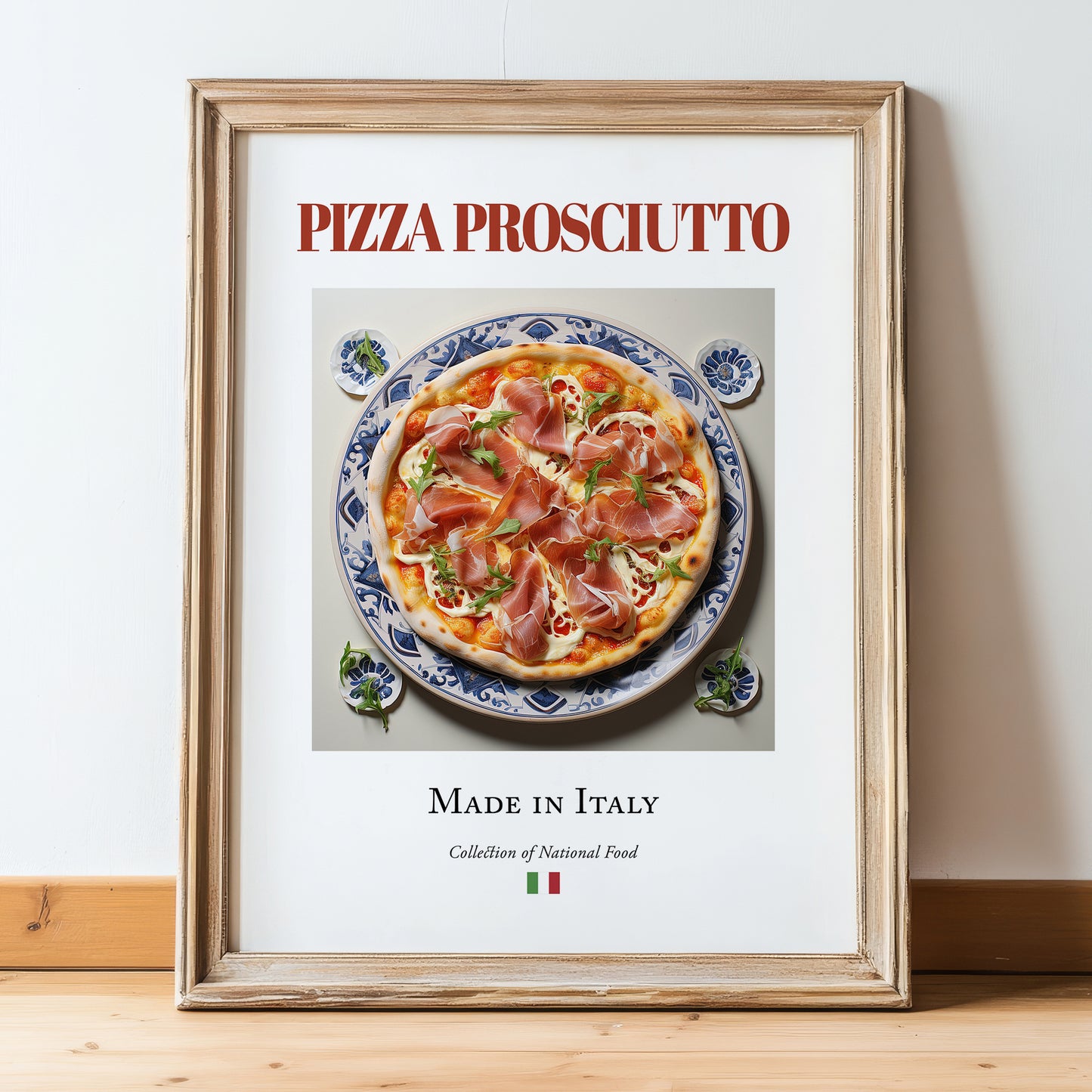 Pizza prosciutto – Italian Pizza, Trattoria Painting, in wooden frame leaning on the floor