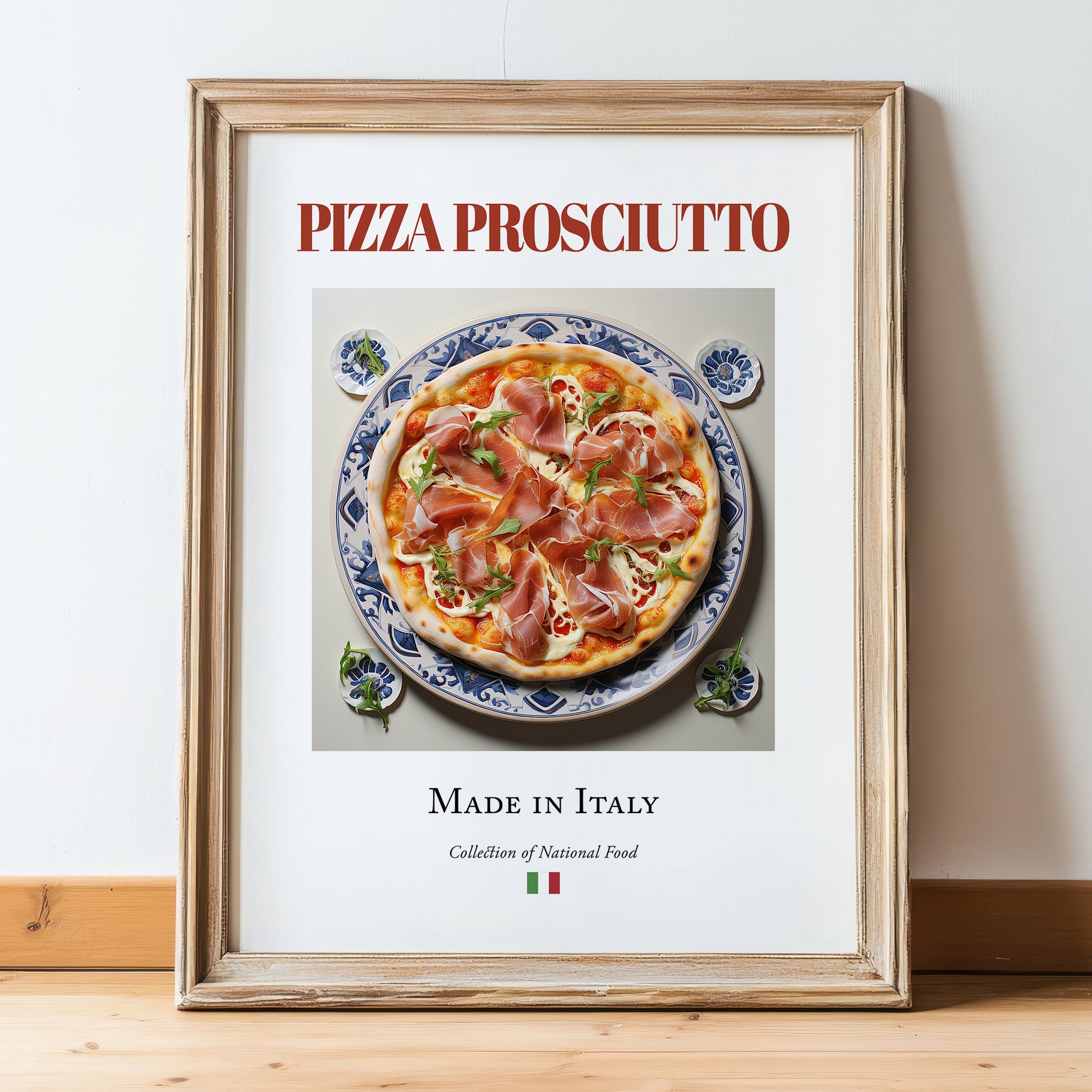 Pizza prosciutto – Italian Pizza, Trattoria Painting, in wooden frame leaning on the floor