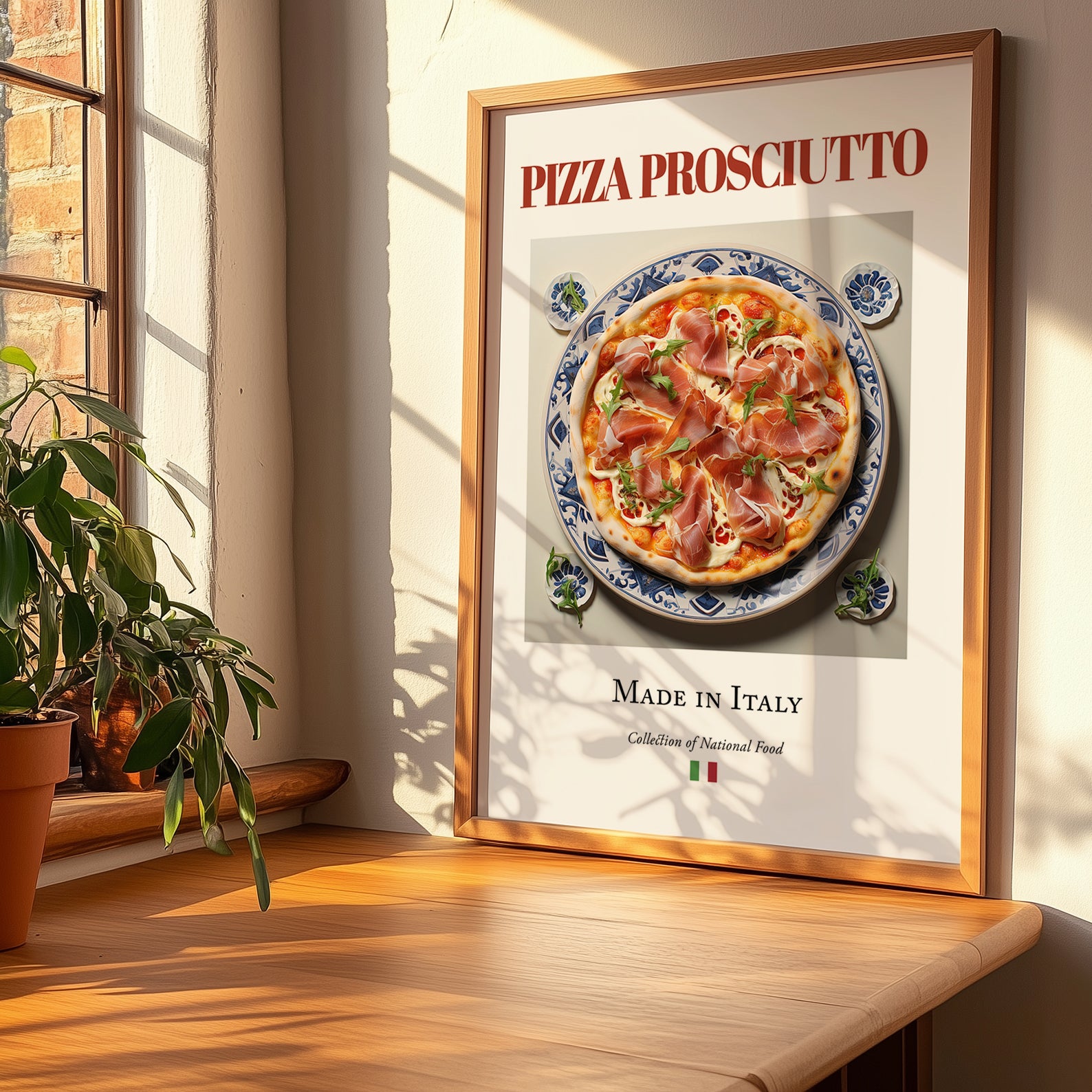 Pizza prosciutto – Italian Pizza, Trattoria Painting, no-text version framed in wood