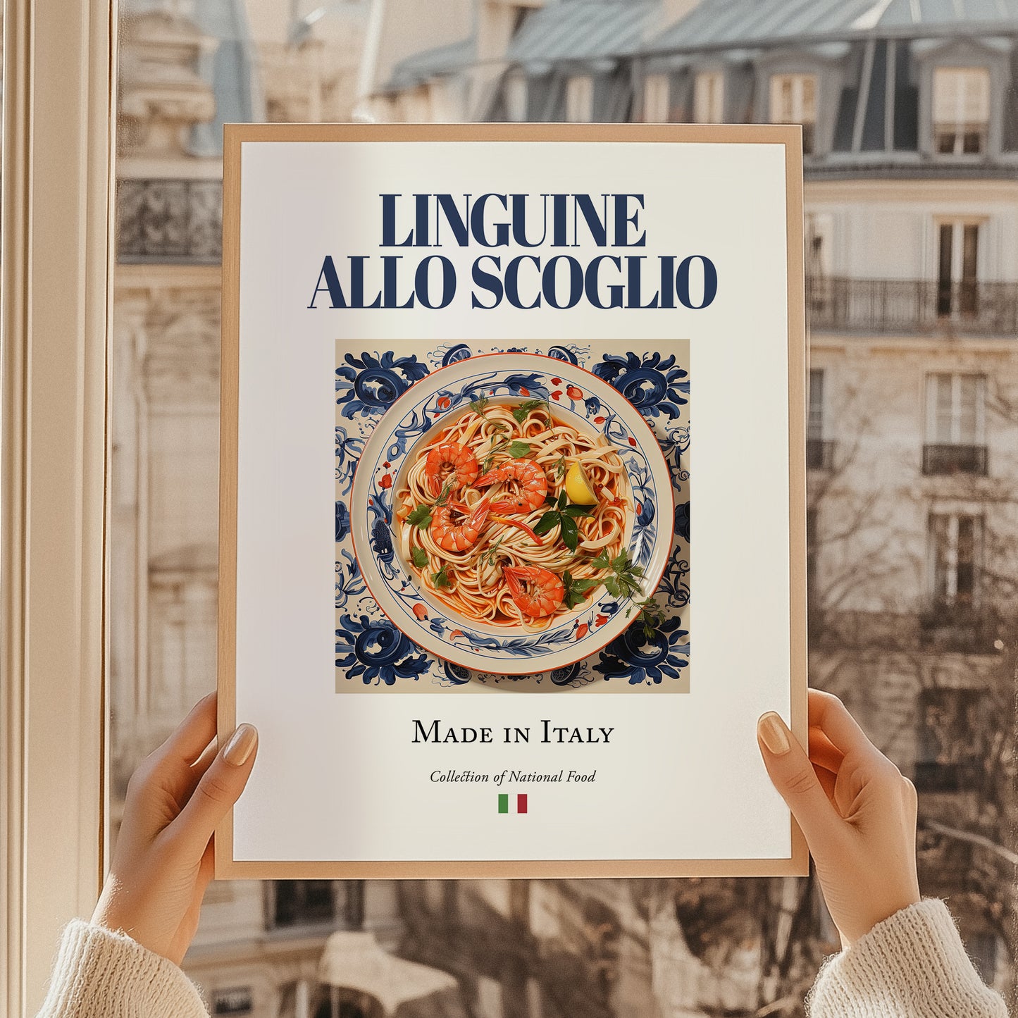 Linguine allo scoglio – Italian Pasta, Ristorante Illustration, styled in a charming Paris street view