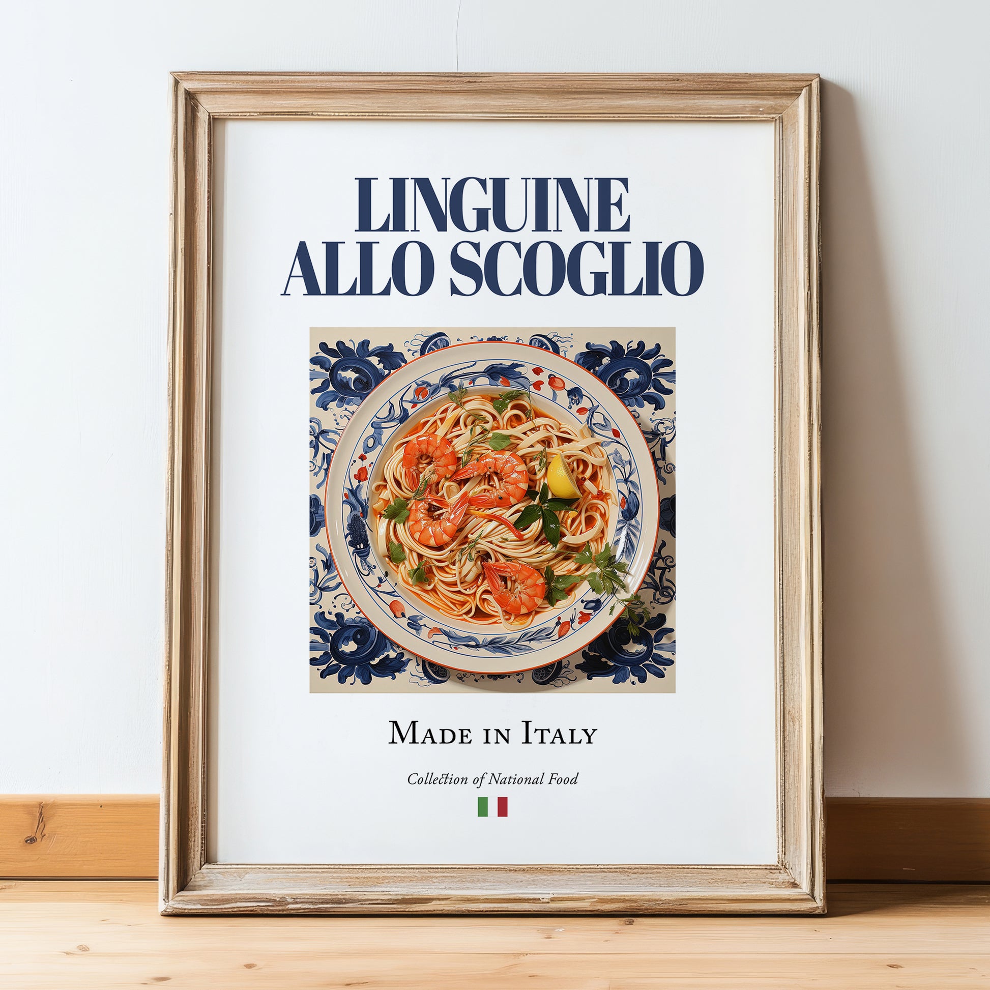 Linguine allo scoglio – Italian Pasta, Ristorante Illustration, in wooden frame leaning on the floor