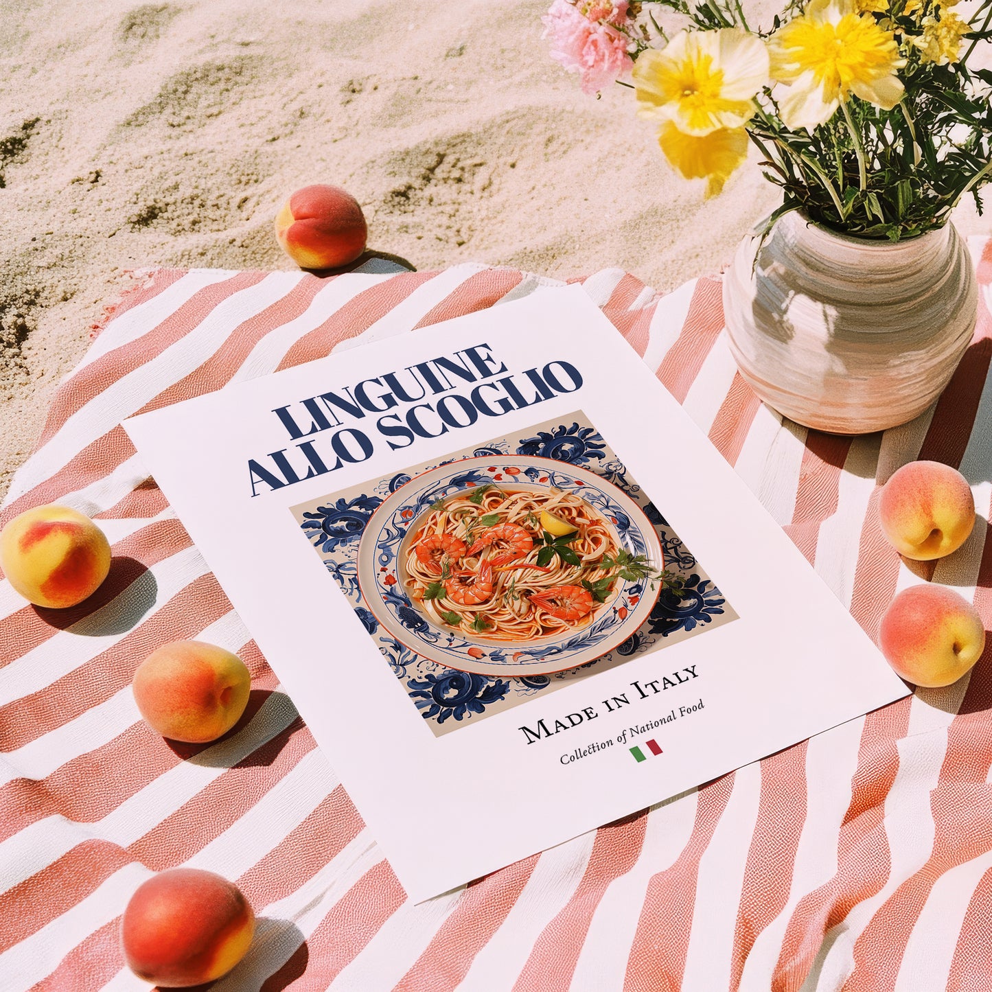 Linguine allo scoglio – Italian Pasta, Ristorante Illustration, unframed on coastal sand