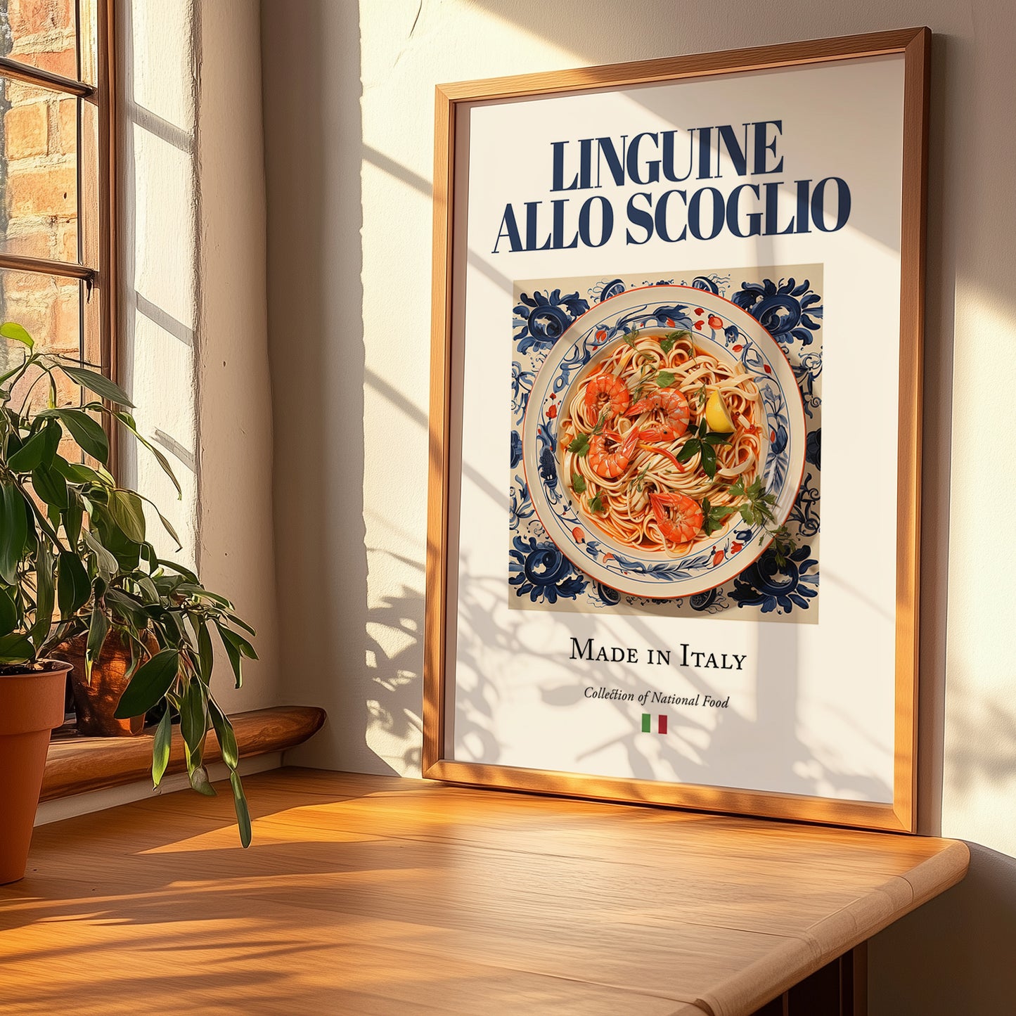 Linguine allo scoglio – Italian Pasta, Ristorante Illustration, no-text version framed in wood