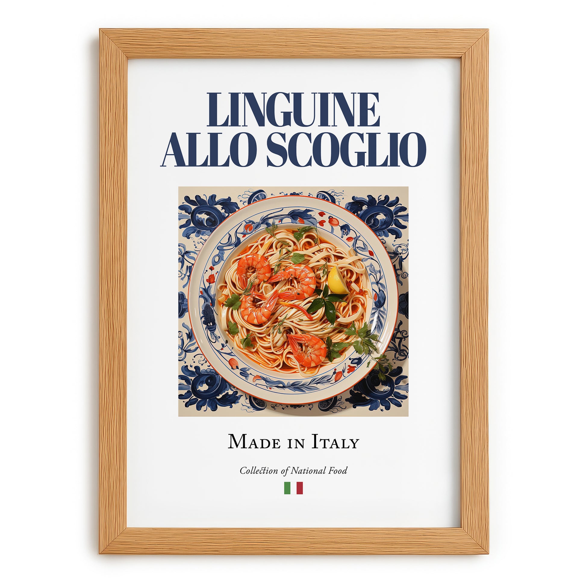 Linguine allo scoglio – Italian Pasta, Ristorante Illustration, set in oak frame