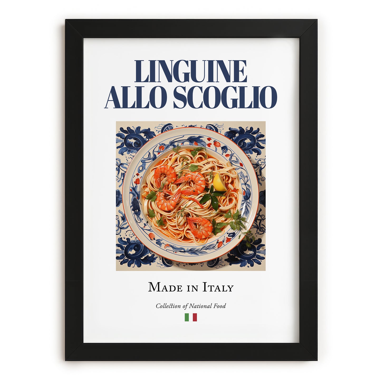 Linguine allo scoglio – Italian Pasta, Ristorante Illustration, in sleek black frame