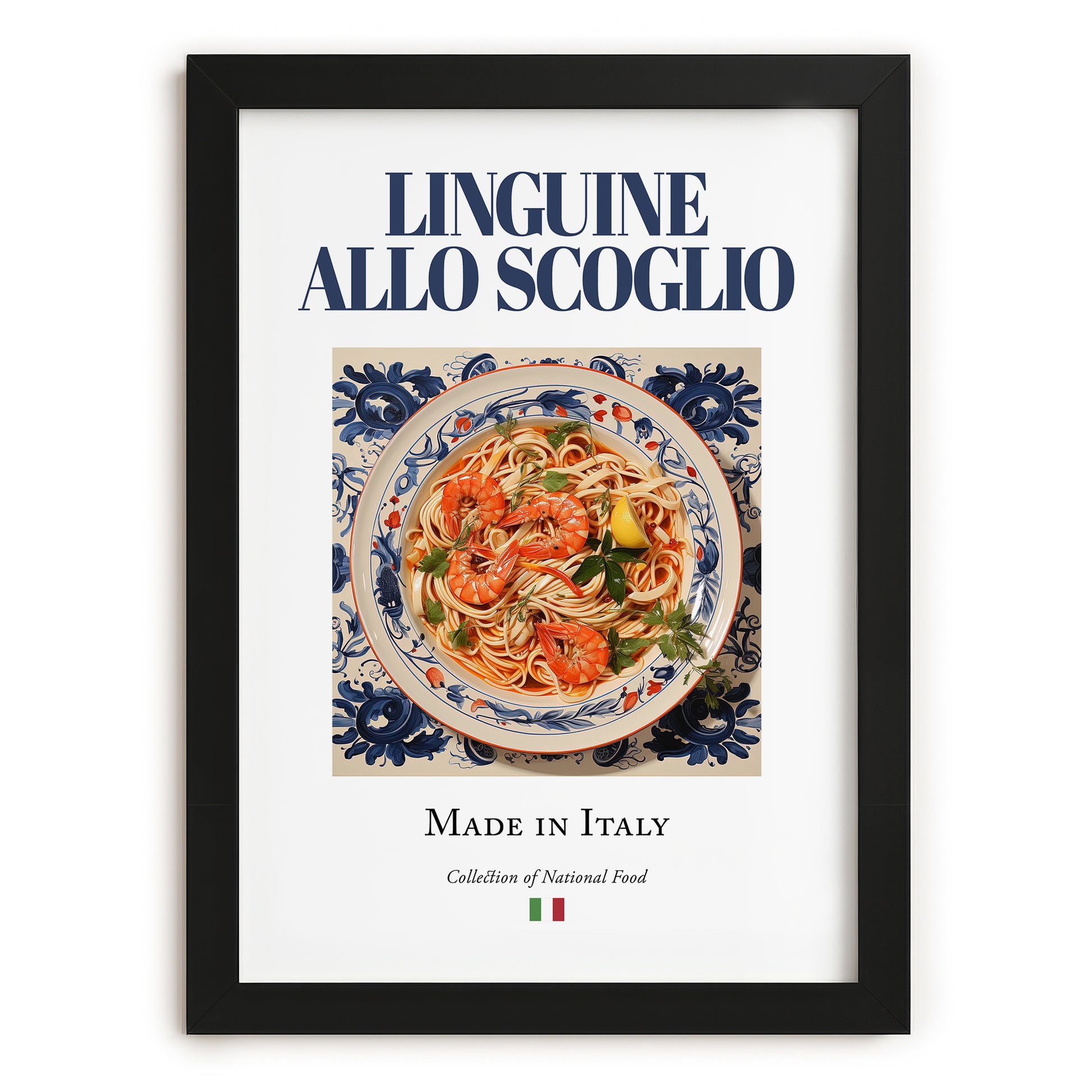 Linguine allo scoglio – Italian Pasta, Ristorante Illustration, in sleek black frame