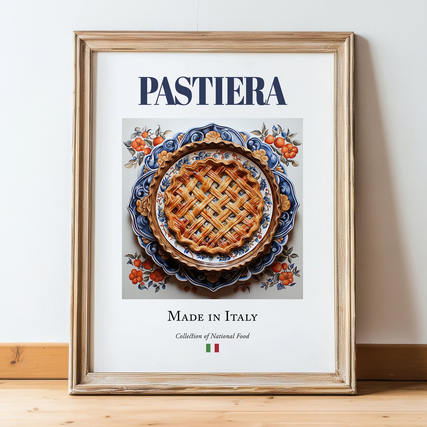 Pastiera – Italian Dessert Dish, Restaurant Illustration, in wooden frame leaning on the floor