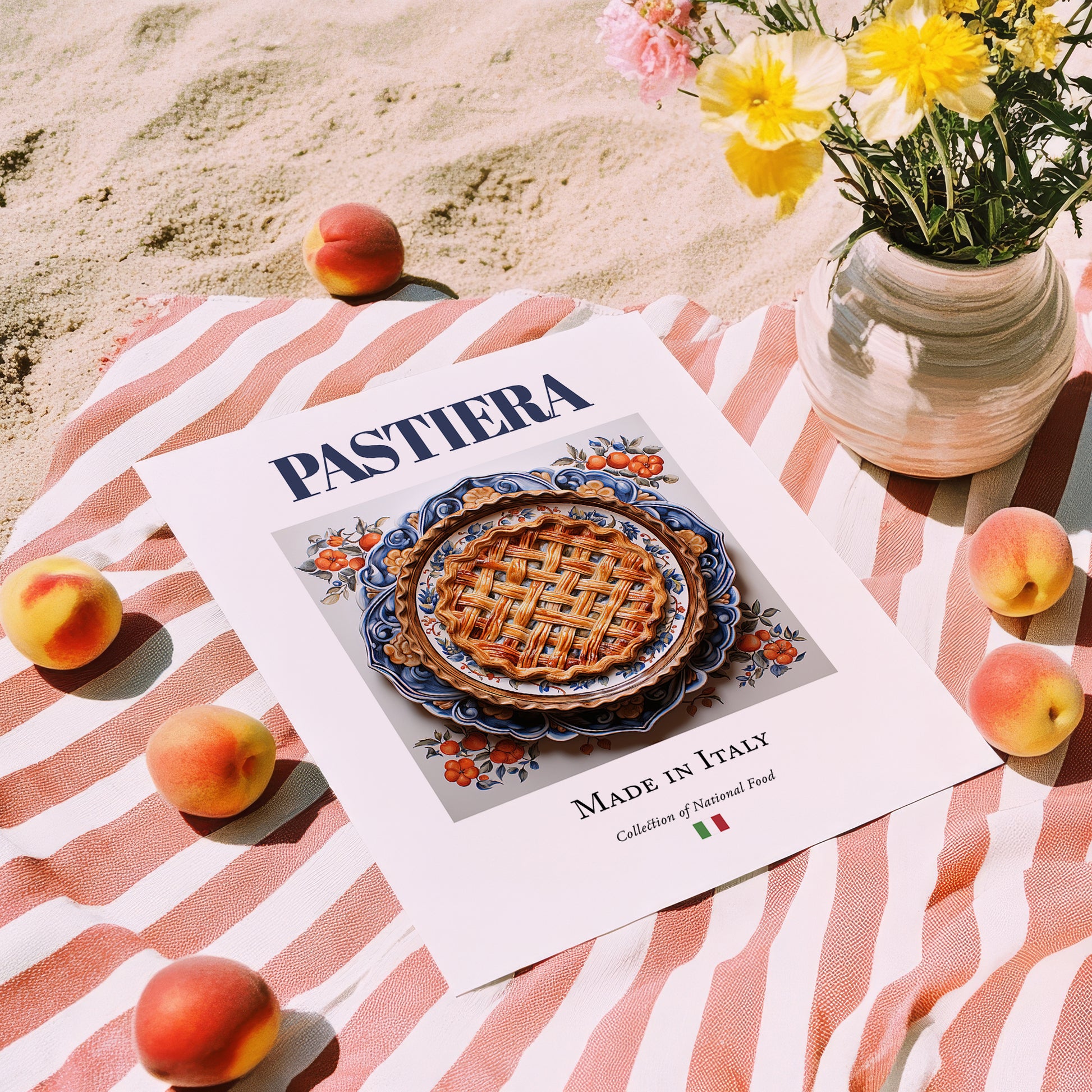 Pastiera – Italian Dessert Dish, Restaurant Illustration, unframed on coastal sand
