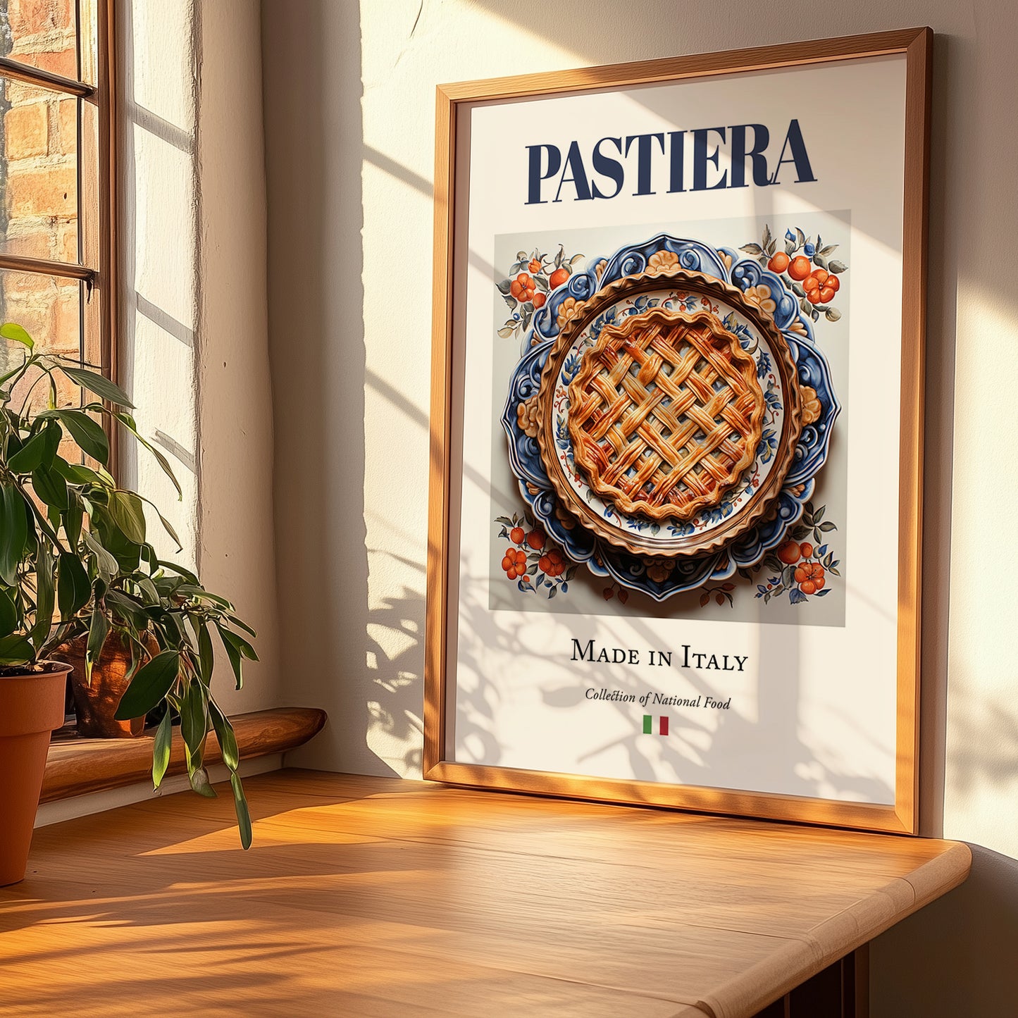 Pastiera – Italian Dessert Dish, Restaurant Illustration, no-text version framed in wood