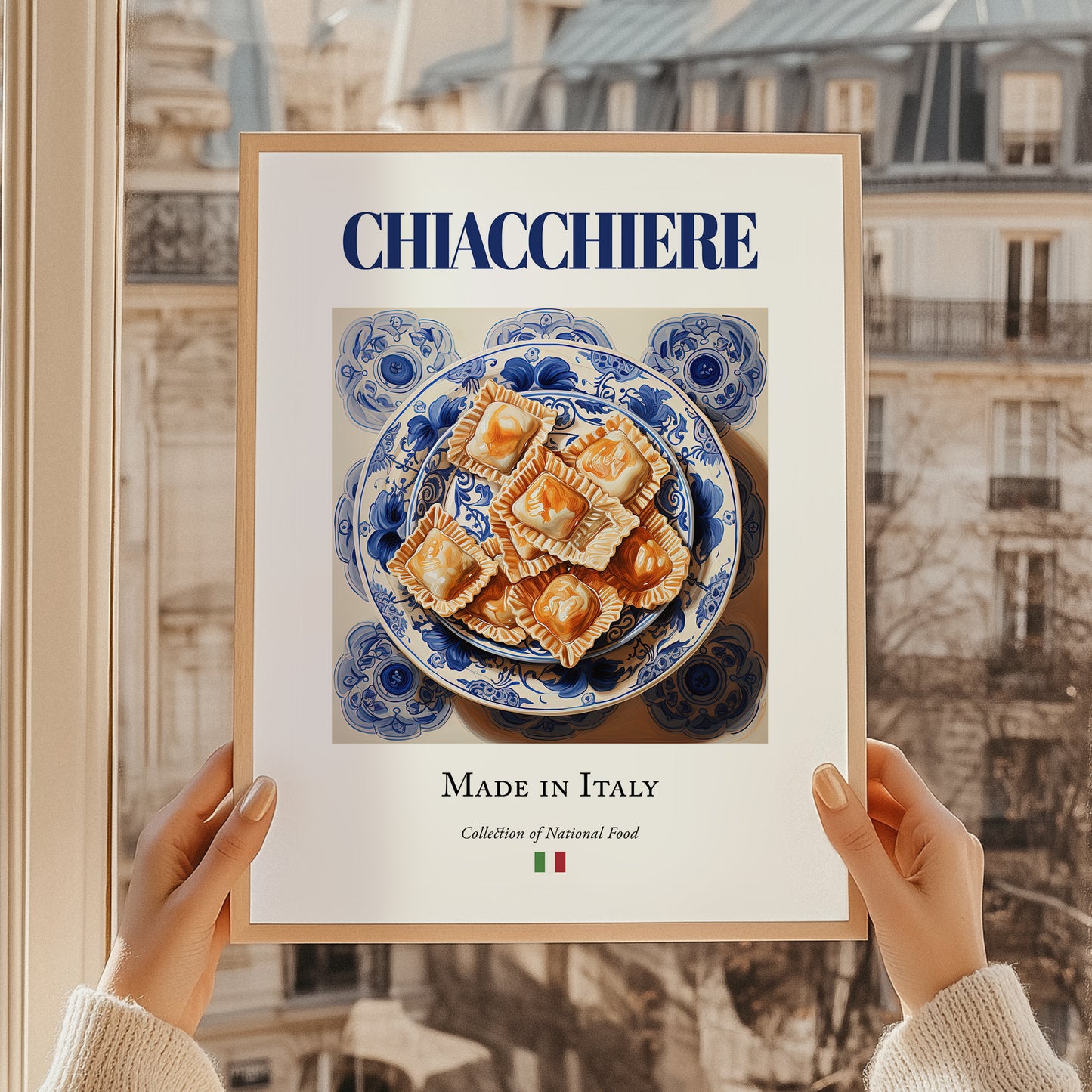 Chiacchiere – Italian Dessert Dish, Farmhouse Kitchen Poster, styled in a charming Paris street view