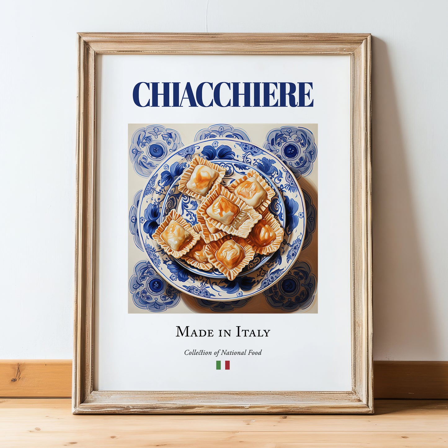 Chiacchiere – Italian Dessert Dish, Farmhouse Kitchen Poster, in wooden frame leaning on the floor