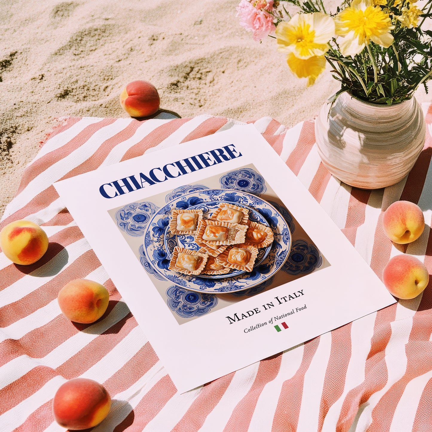 Chiacchiere – Italian Dessert Dish, Farmhouse Kitchen Poster, unframed on coastal sand