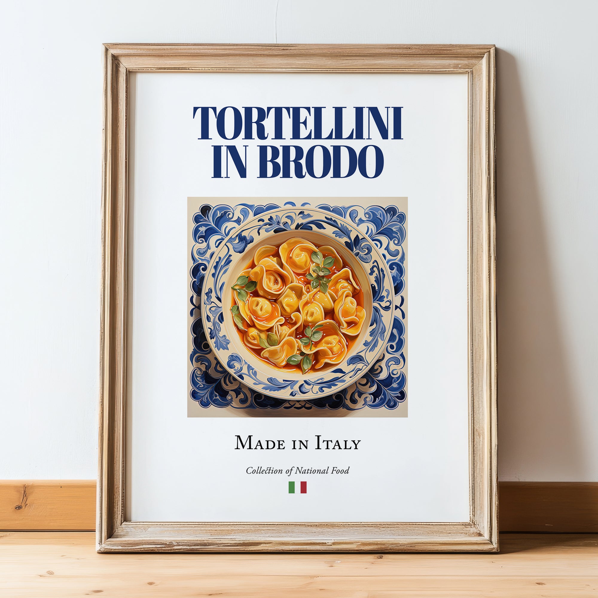 Tortellini in brodo – Italian Pasta, Osteria Illustration, in wooden frame leaning on the floor