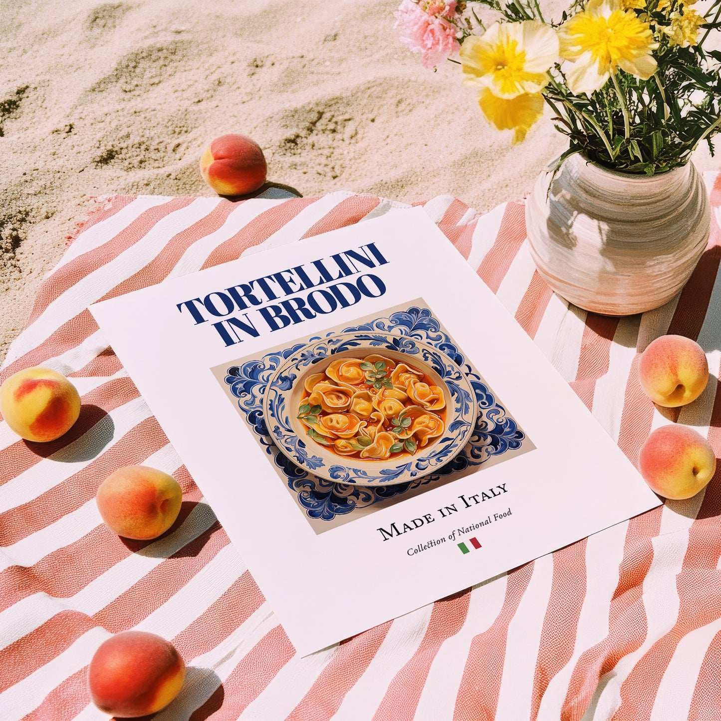 Tortellini in brodo – Italian Pasta, Osteria Illustration, unframed on coastal sand