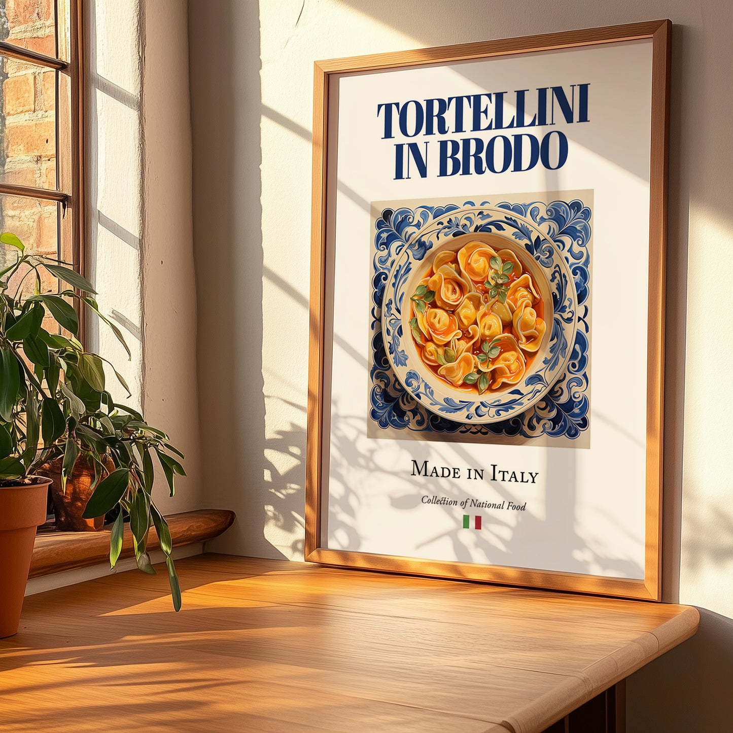 Tortellini in brodo – Italian Pasta, Osteria Illustration, no-text version framed in wood
