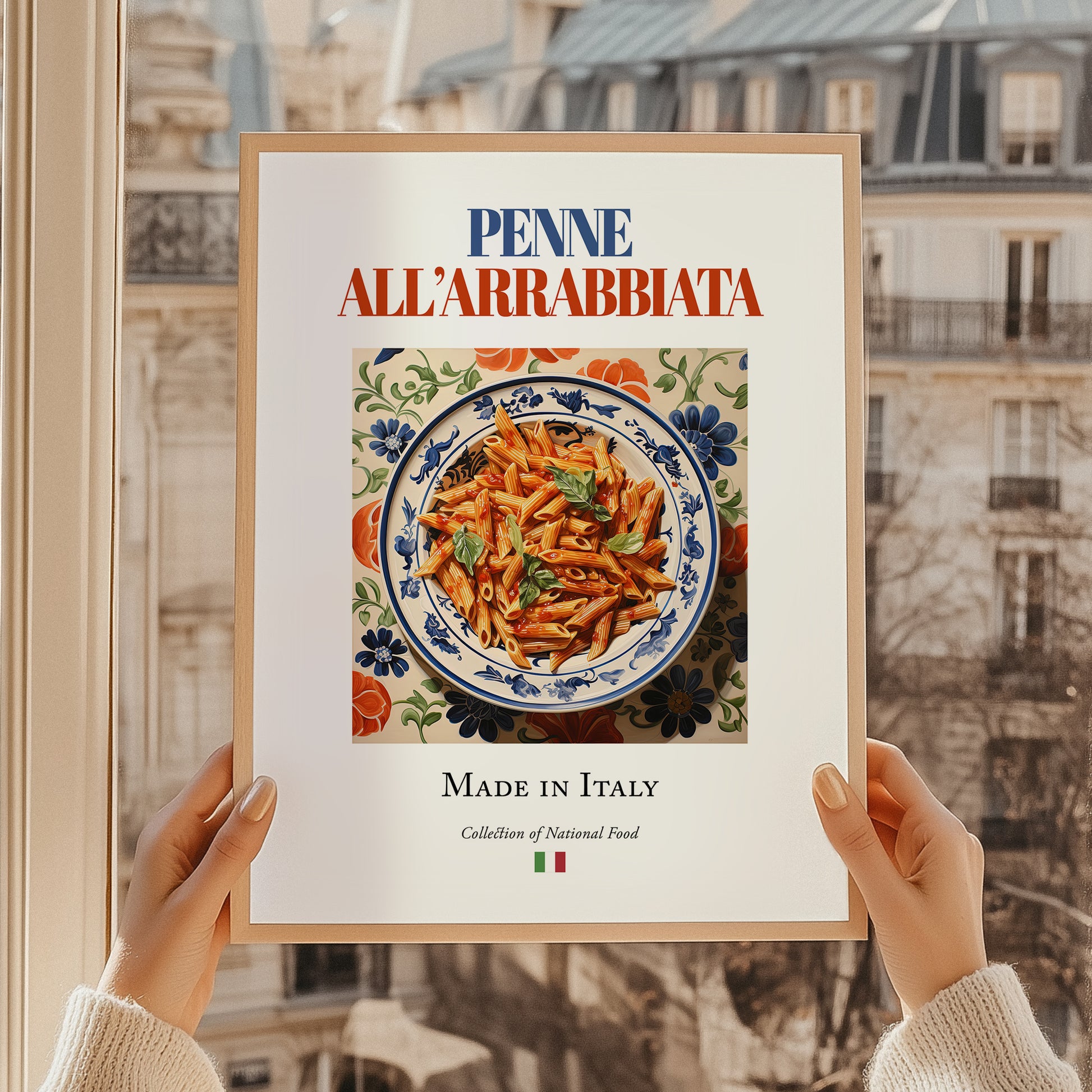Penne all'arrabbiata – Italian Pasta, Osteria Painting, styled in a charming Paris street view