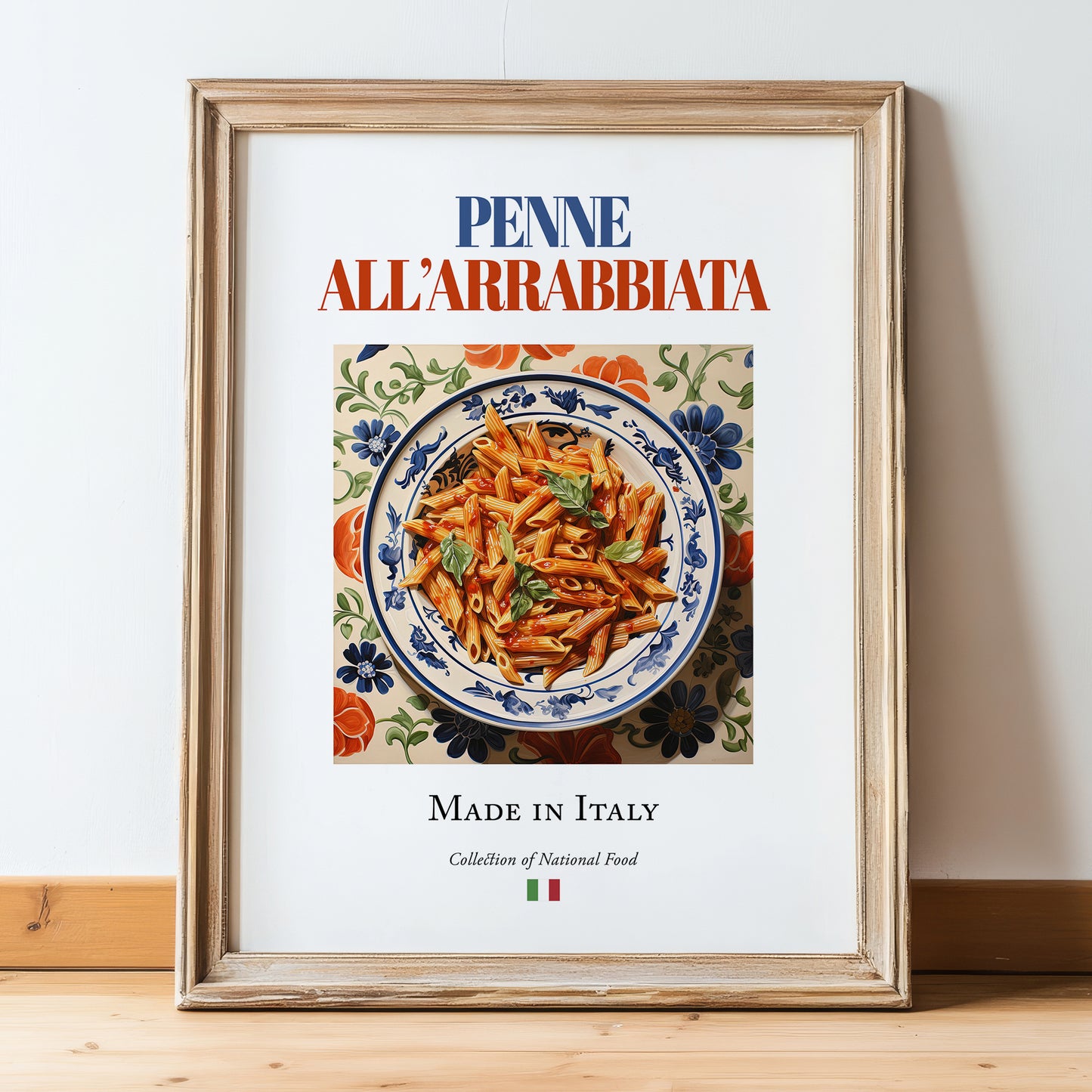 Penne all'arrabbiata – Italian Pasta, Osteria Painting, in wooden frame leaning on the floor