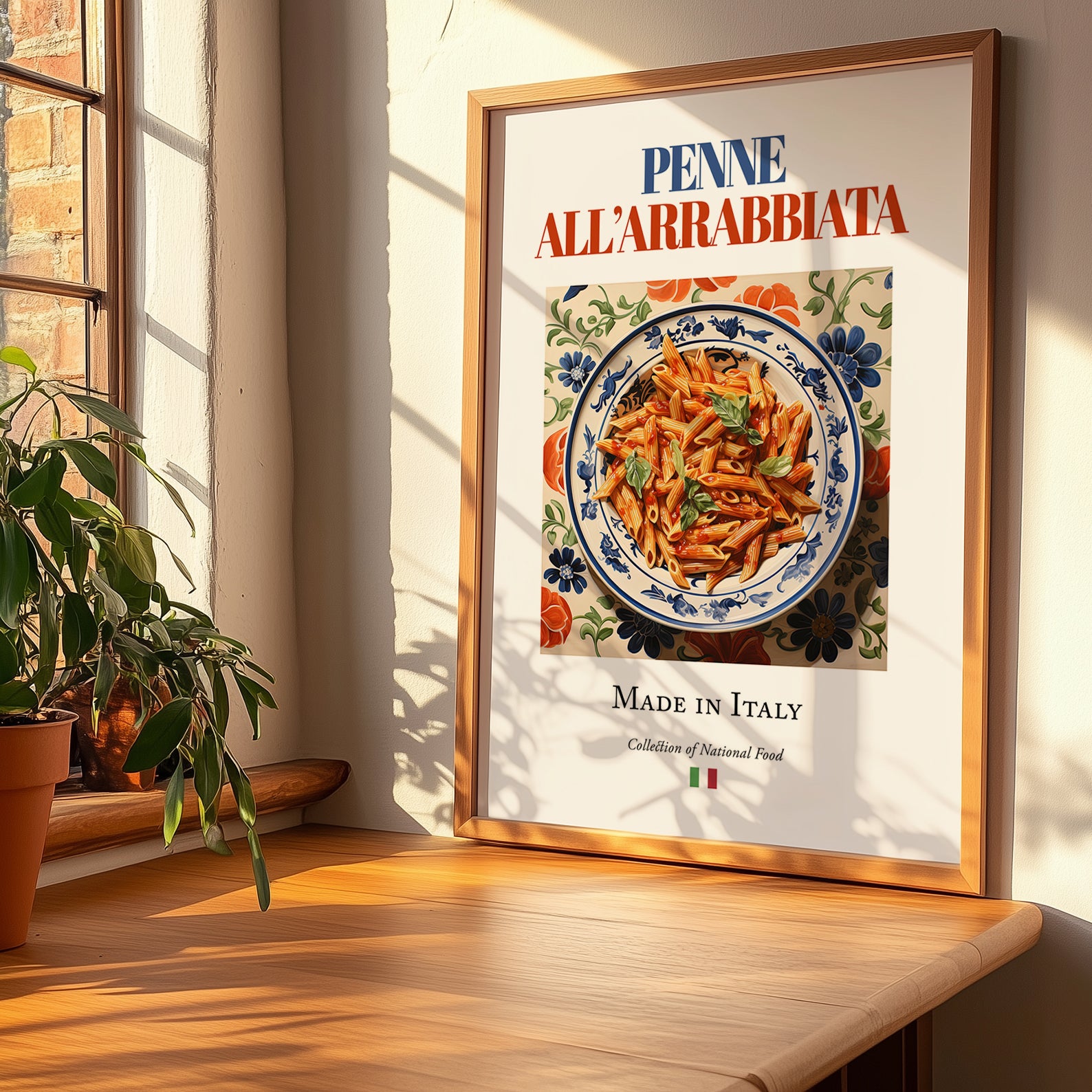 Penne all'arrabbiata – Italian Pasta, Osteria Painting, no-text version framed in wood