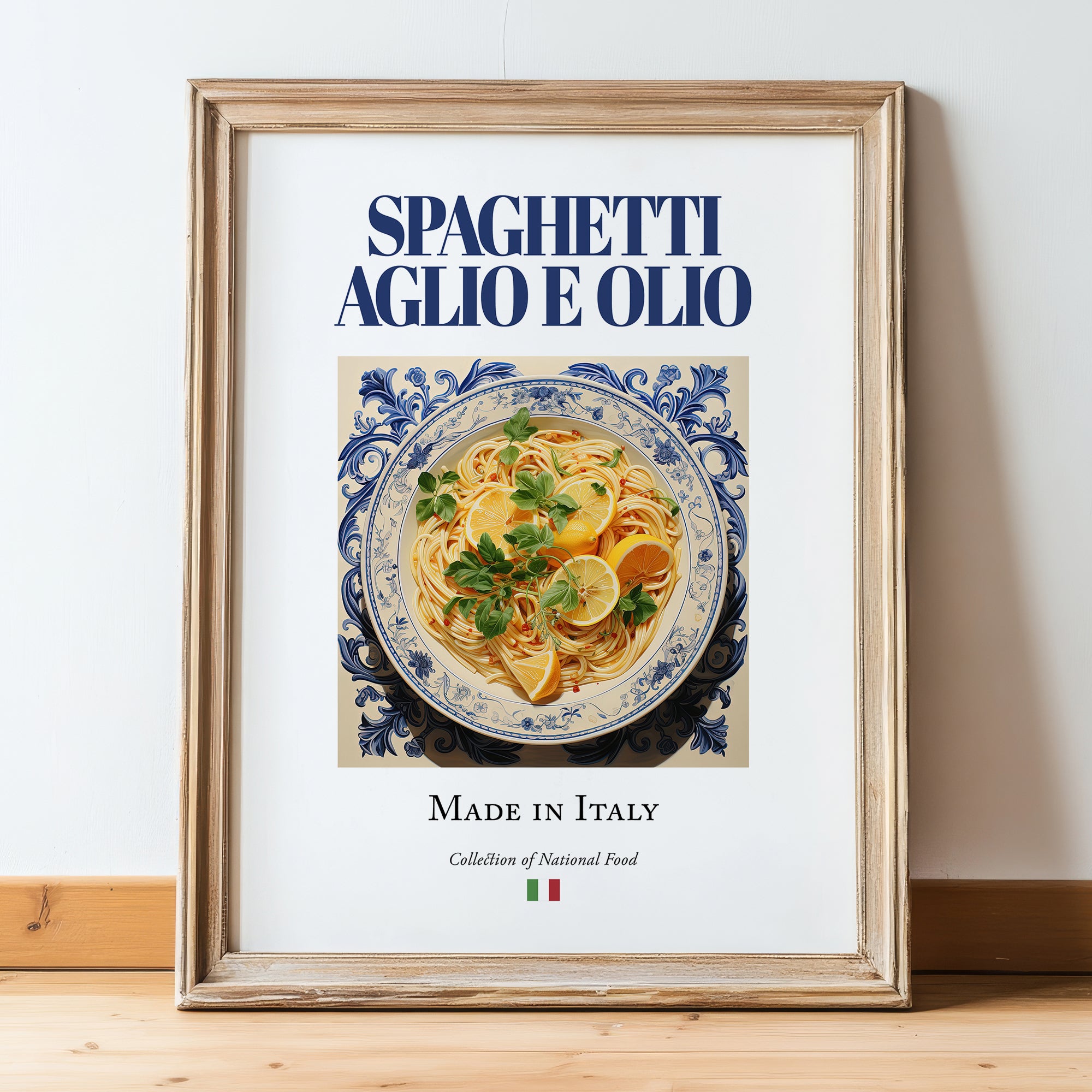 Spaghetti aglio e olio – Italian Pasta, Trattoria Art, in wooden frame leaning on the floor