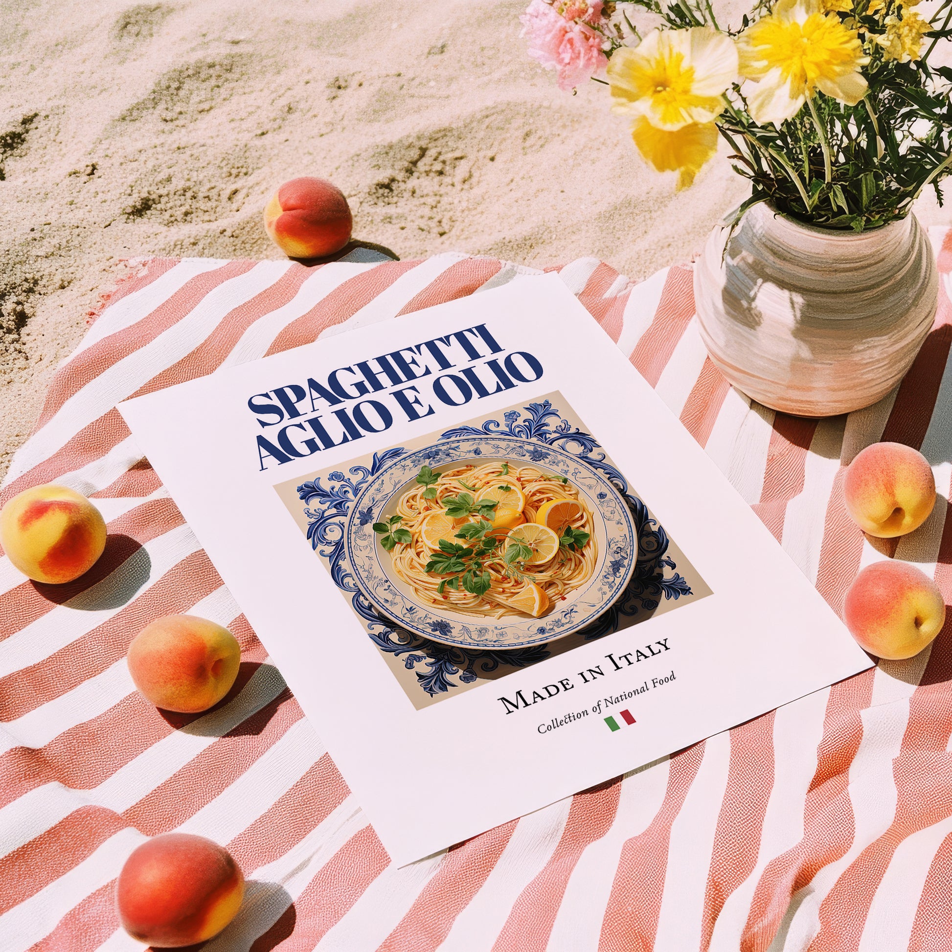 Spaghetti aglio e olio – Italian Pasta, Trattoria Art, unframed on coastal sand