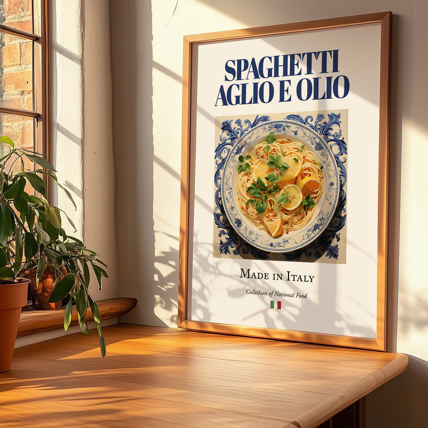 Spaghetti aglio e olio – Italian Pasta, Trattoria Art, no-text version framed in wood