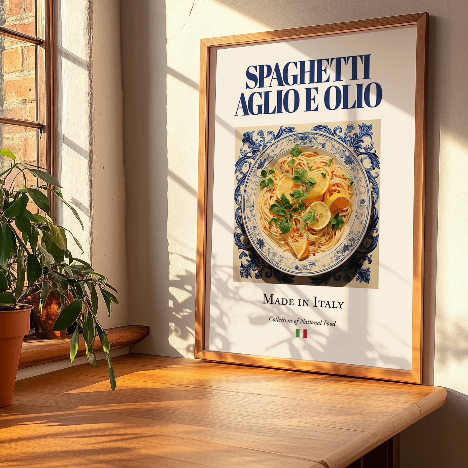 Spaghetti aglio e olio – Italian Pasta, Trattoria Art, no-text version framed in wood