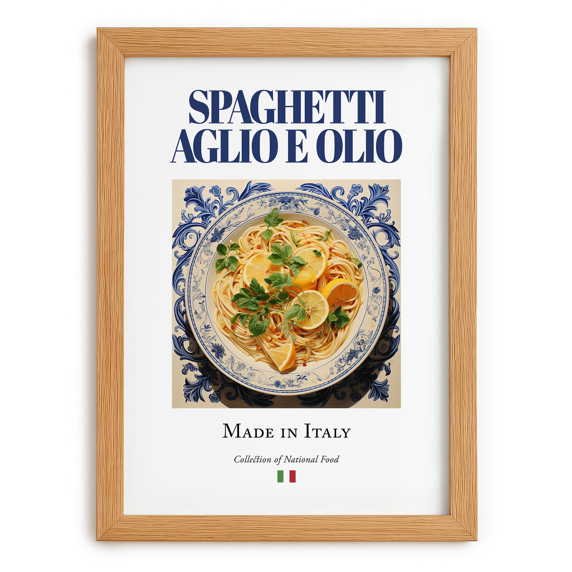 Spaghetti aglio e olio – Italian Pasta, Trattoria Art, set in oak frame