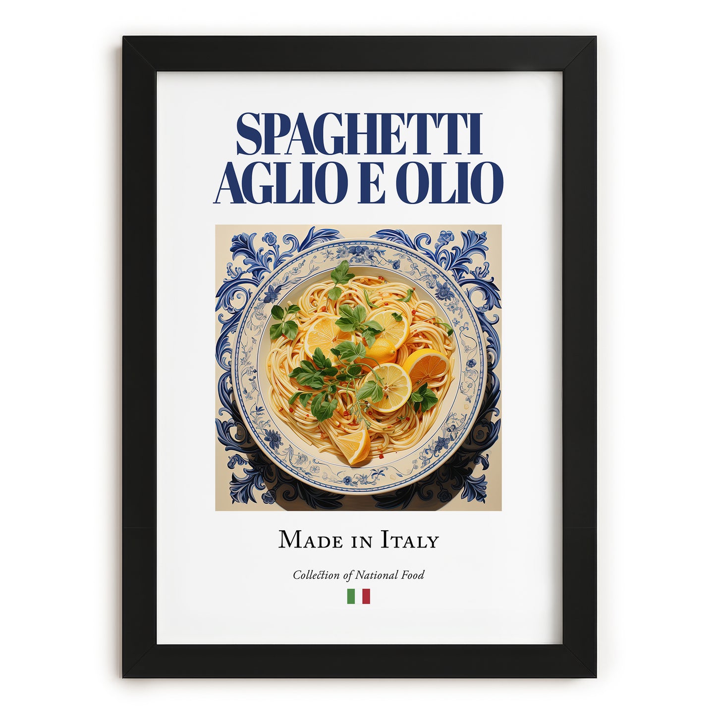 Spaghetti aglio e olio – Italian Pasta, Trattoria Art, in sleek black frame