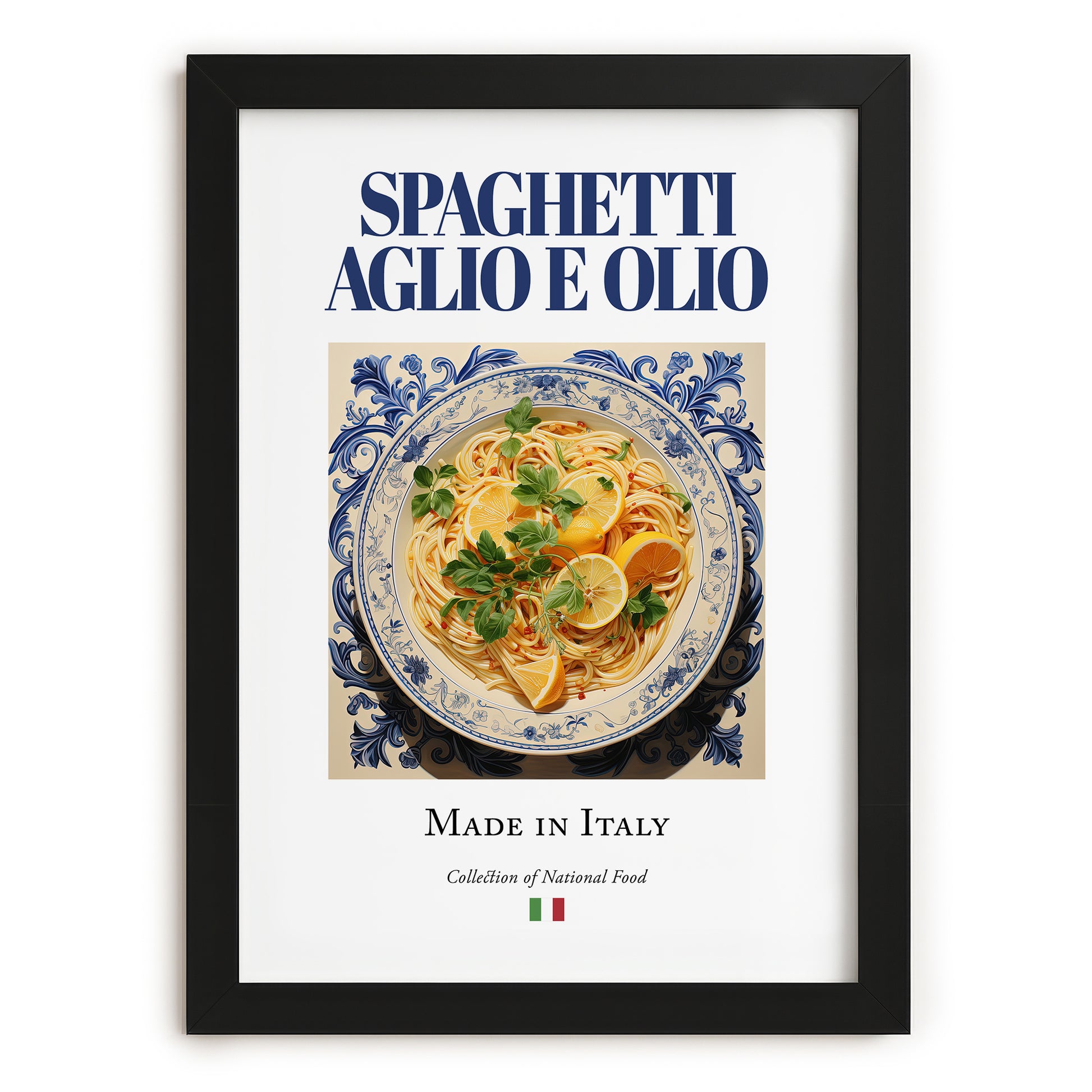 Spaghetti aglio e olio – Italian Pasta, Trattoria Art, in sleek black frame