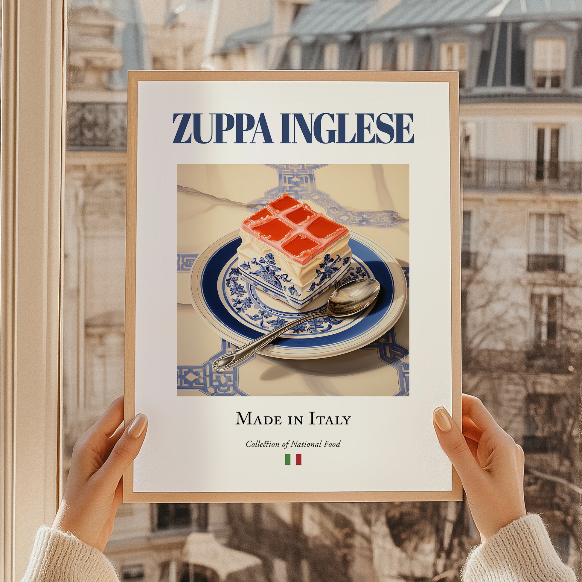 Zuppa Inglese – Italian Dessert Dish, Bistro Poster, styled in a charming Paris street view