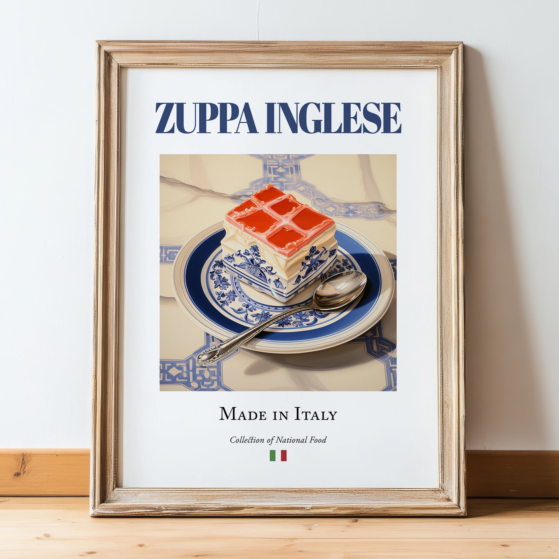 Zuppa Inglese – Italian Dessert Dish, Bistro Poster, in wooden frame leaning on the floor