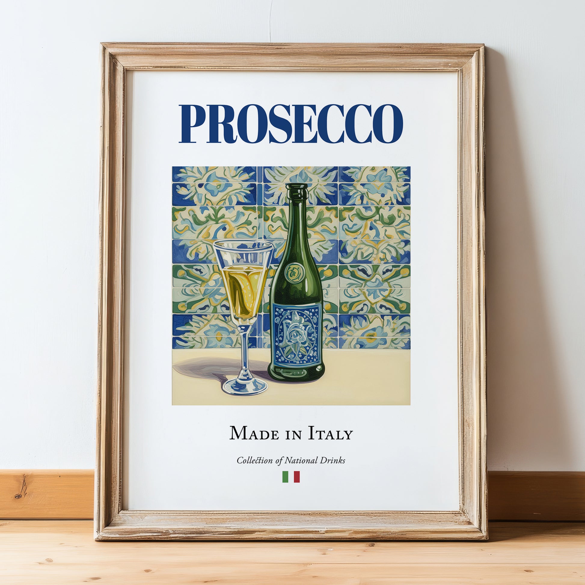 Prosecco – Italian Sparkling Wine, Vinoteca Poster, in wooden frame leaning on the floor