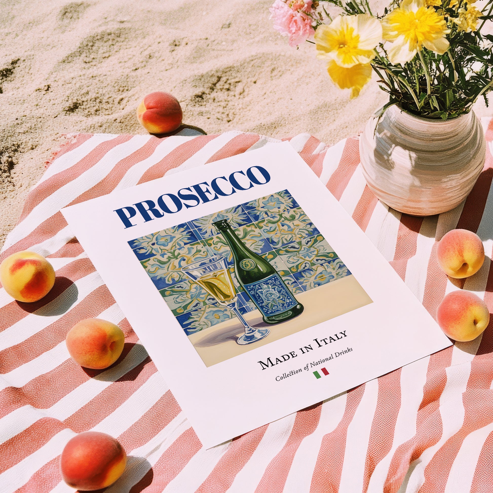 Prosecco – Italian Sparkling Wine, Vinoteca Poster, unframed on coastal sand
