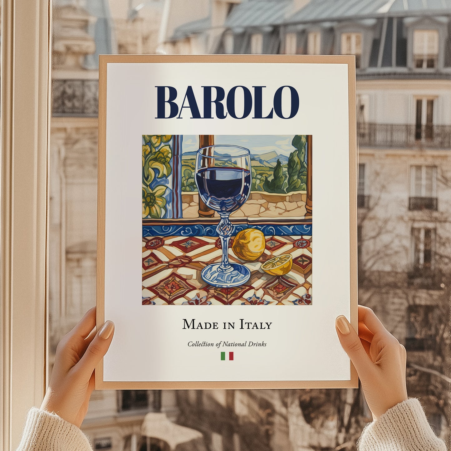 Barolo – Italian Red Wine, Wine Bar Painting, styled in a charming Paris street view