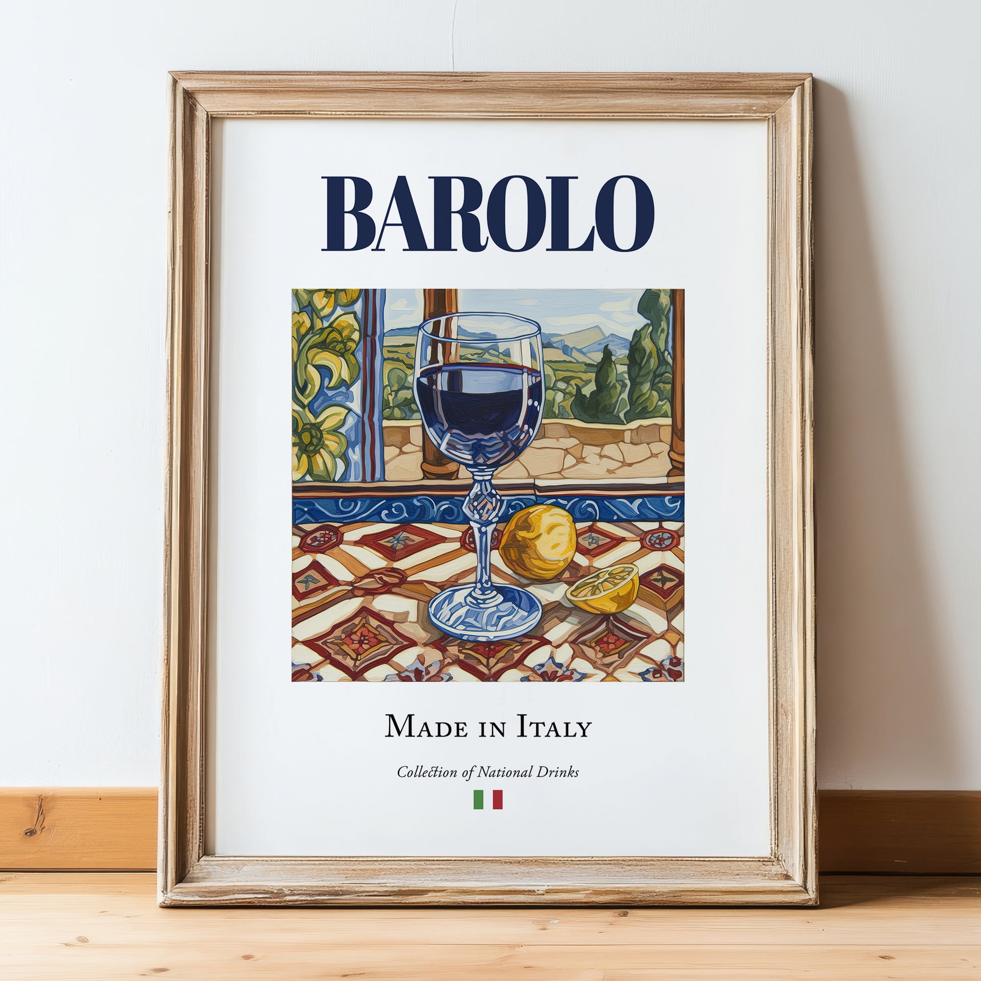 Barolo – Italian Red Wine, Wine Bar Painting, in wooden frame leaning on the floor