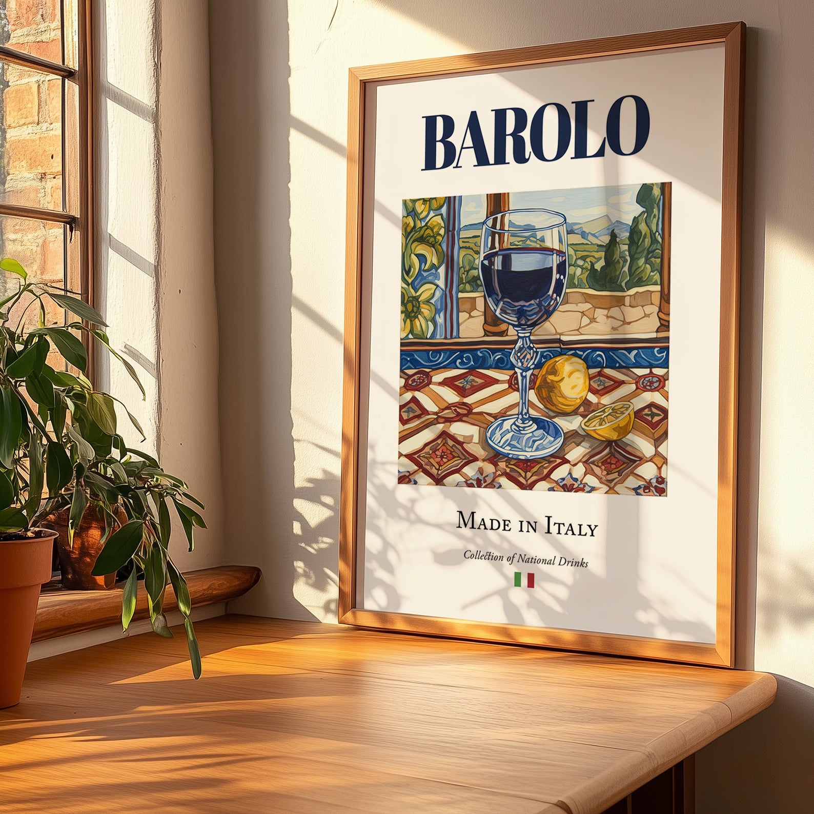 Barolo – Italian Red Wine, Wine Bar Painting, no-text version framed in wood