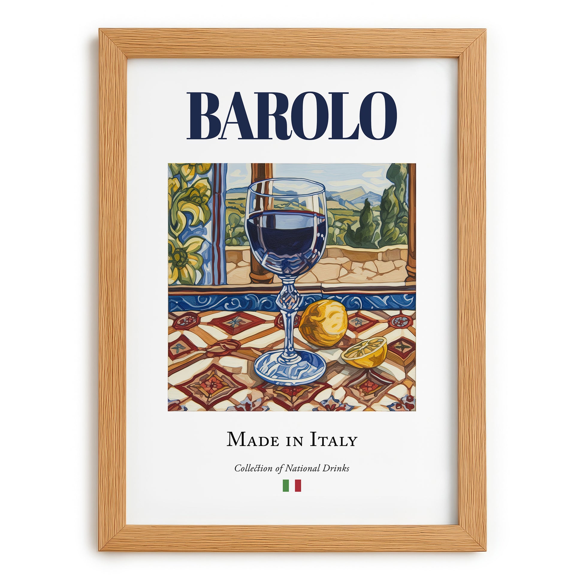 Barolo – Italian Red Wine, Wine Bar Painting, set in oak frame