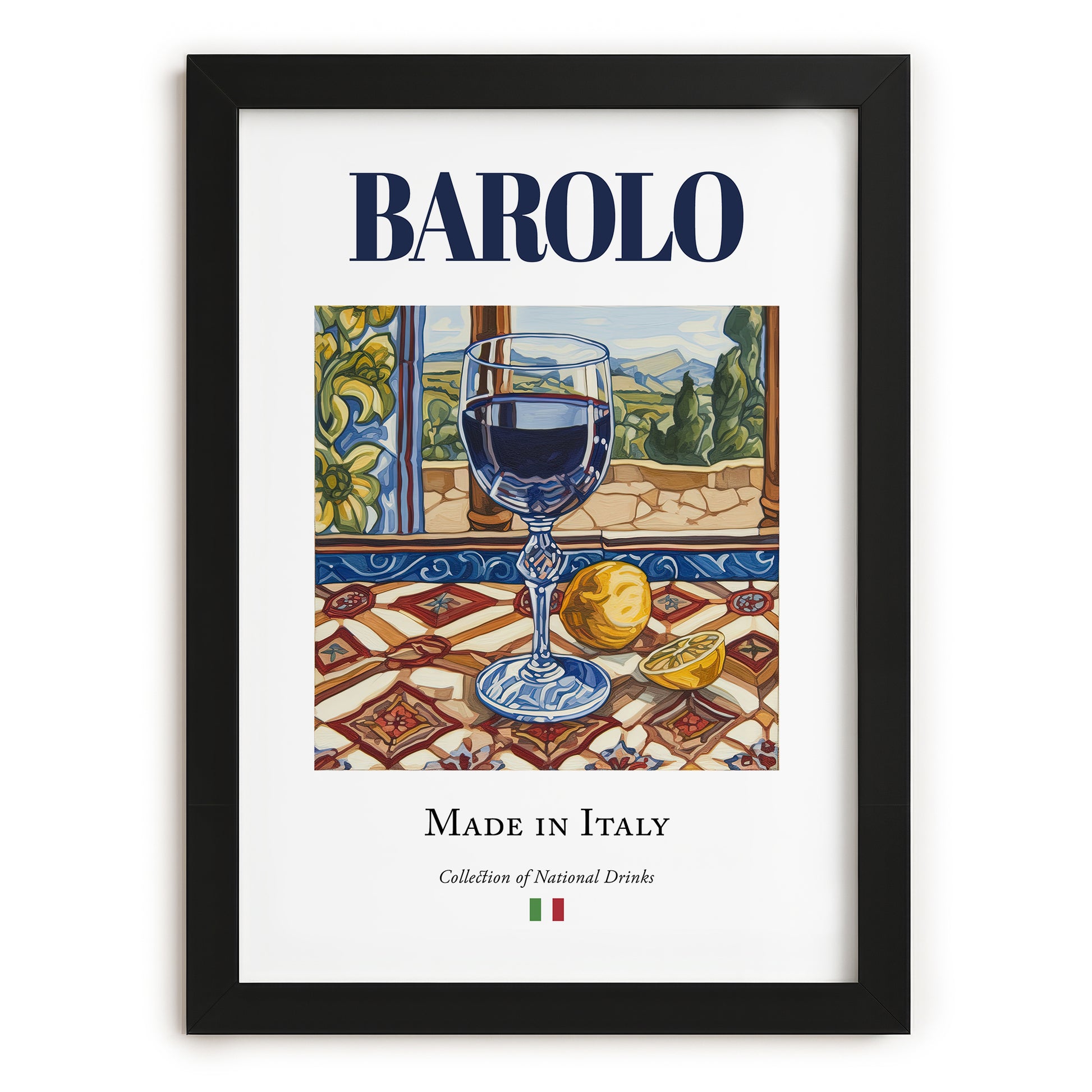 Barolo – Italian Red Wine, Wine Bar Painting, in sleek black frame