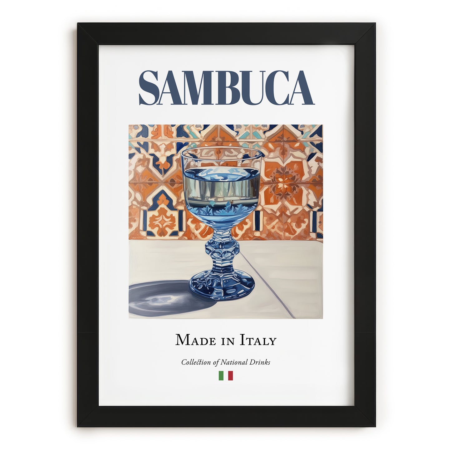 Sambuca – Italian Spirit Drink, Beach Bar Print, in sleek black frame