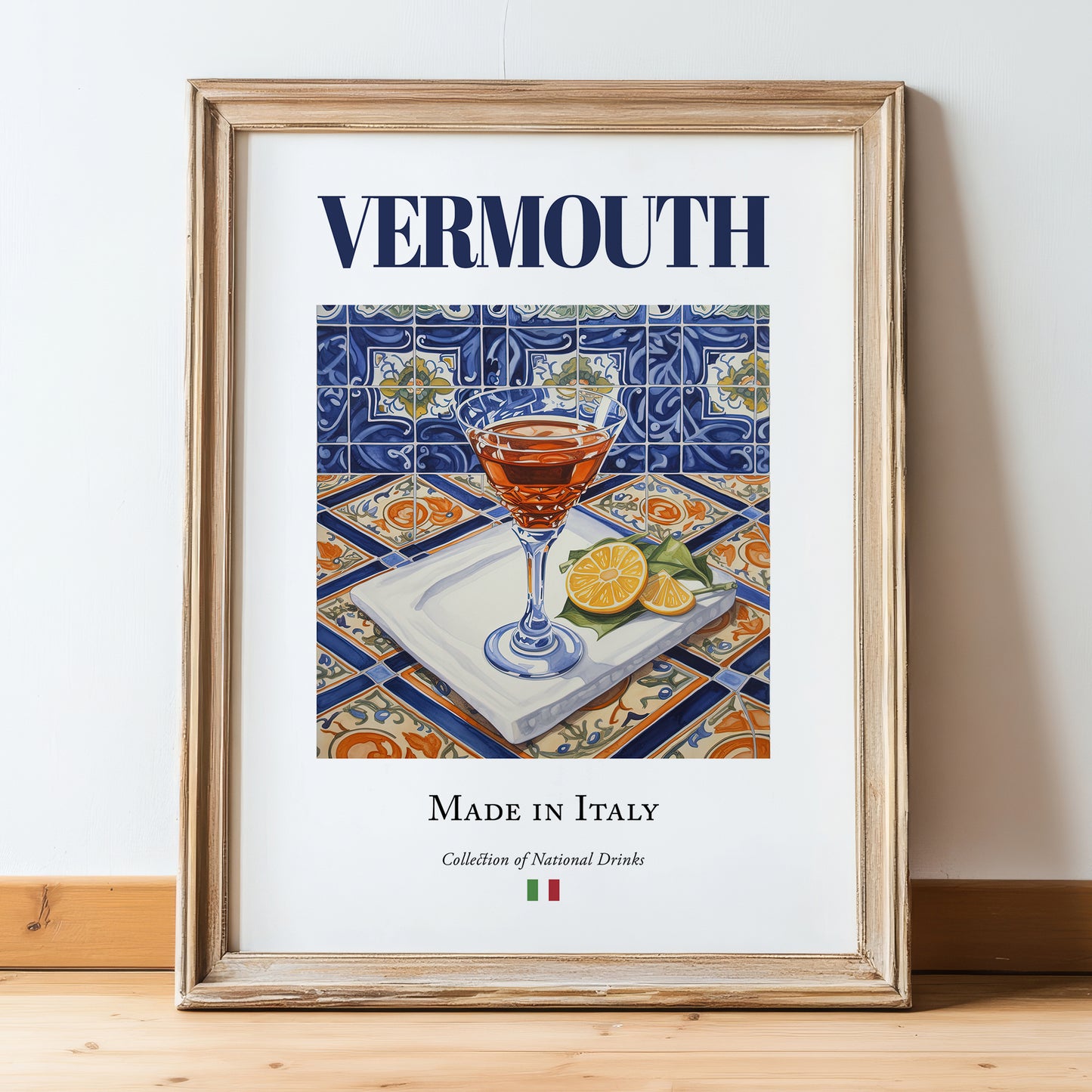 Vermouth – Italian Liqueur Drink, Cocktail Lounge Wall Art, in wooden frame leaning on the floor
