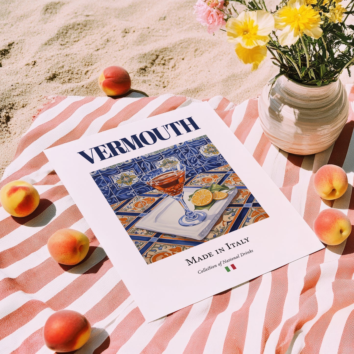 Vermouth – Italian Liqueur Drink, Cocktail Lounge Wall Art, unframed on coastal sand