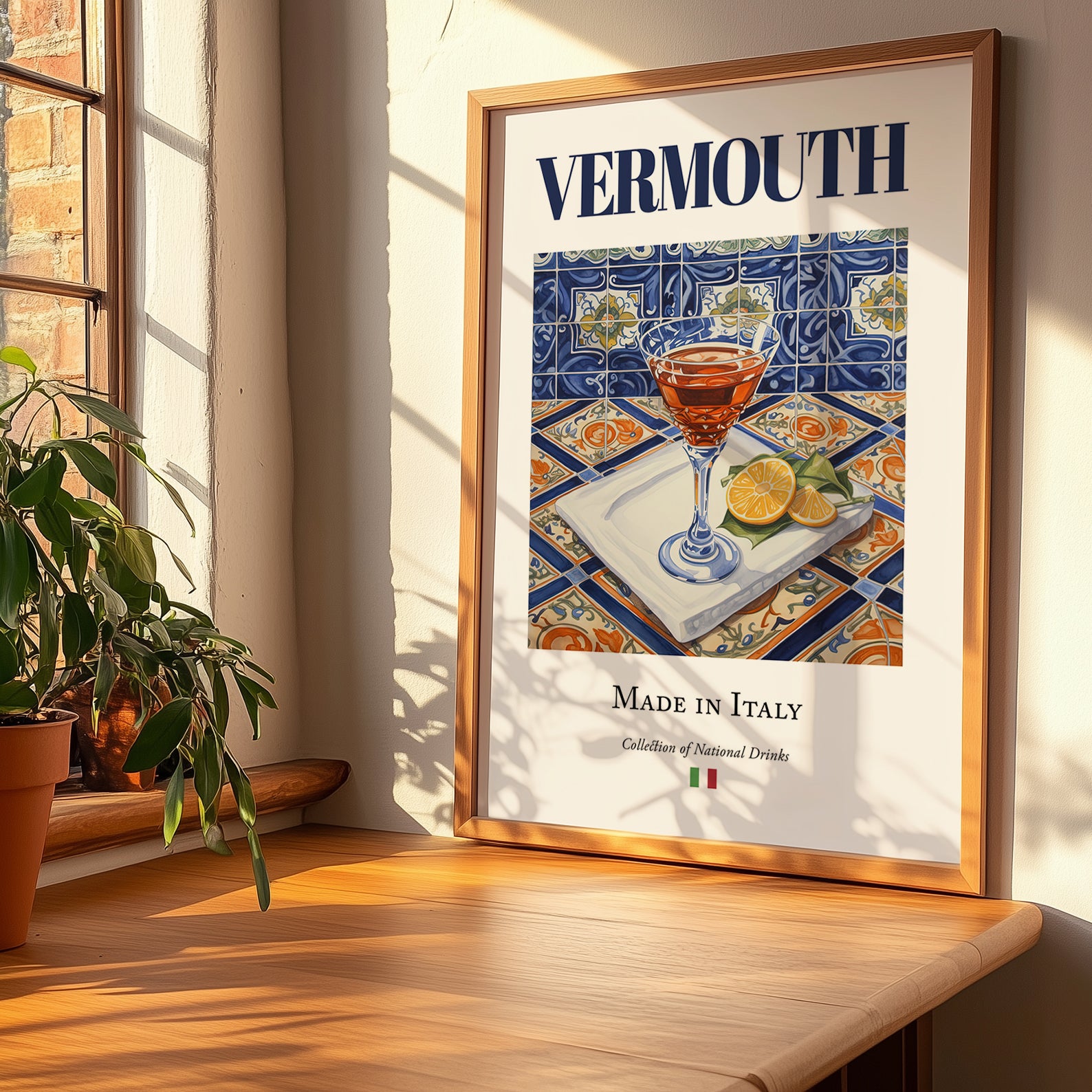 Vermouth – Italian Liqueur Drink, Cocktail Lounge Wall Art, no-text version framed in wood