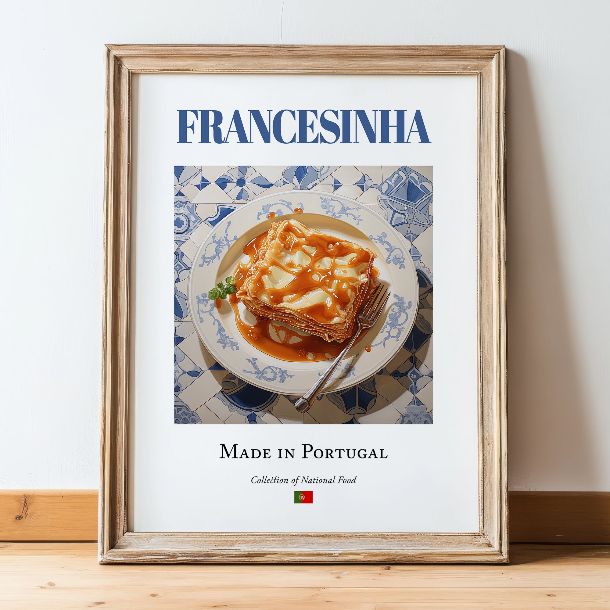Francesinha – Portuguese Dish, Food Bar Print, in wooden frame leaning on the floor