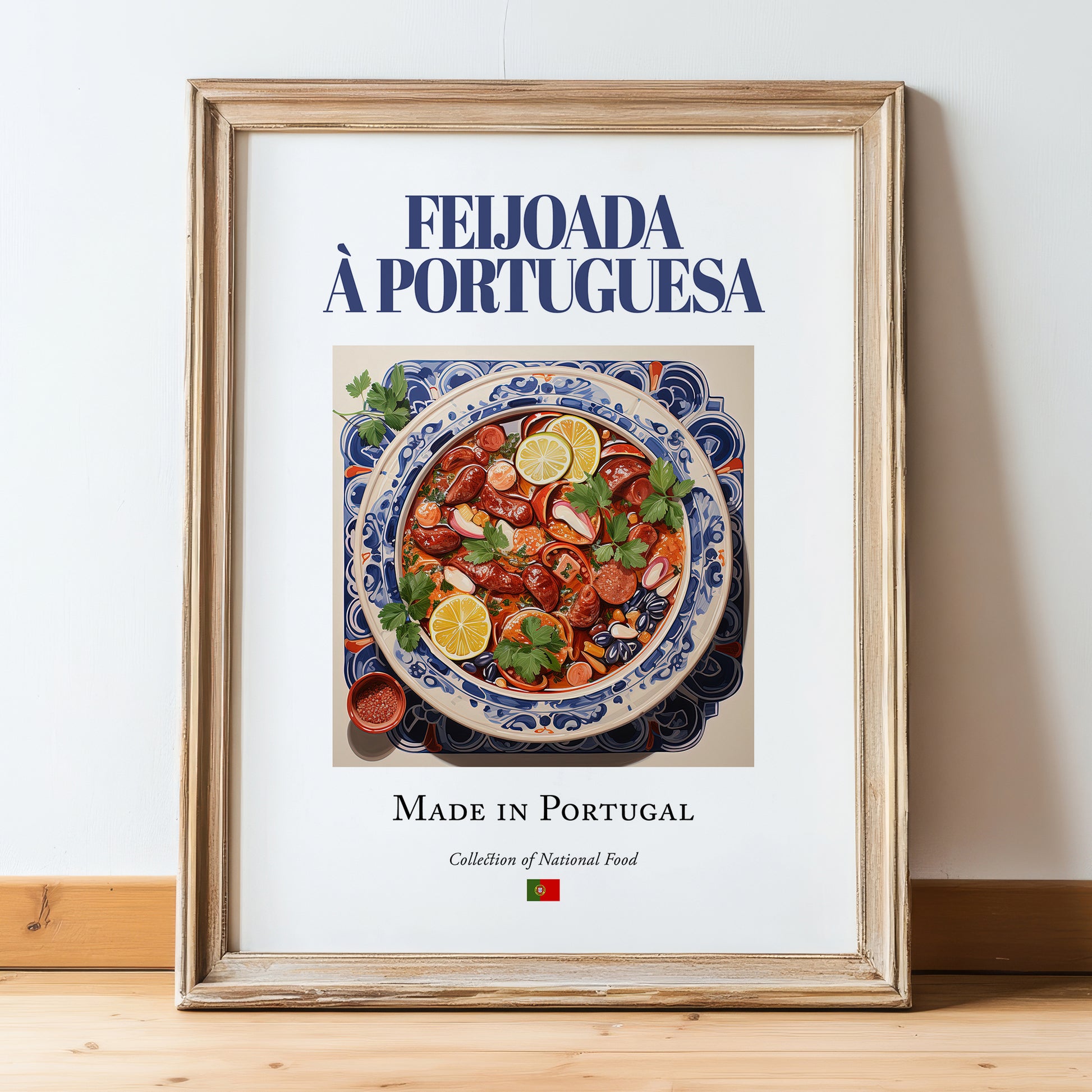 Feijoada à portuguesa – Portuguese Stew Dish, Fine Dining Restaurant Wall Art, in wooden frame leaning on the floor