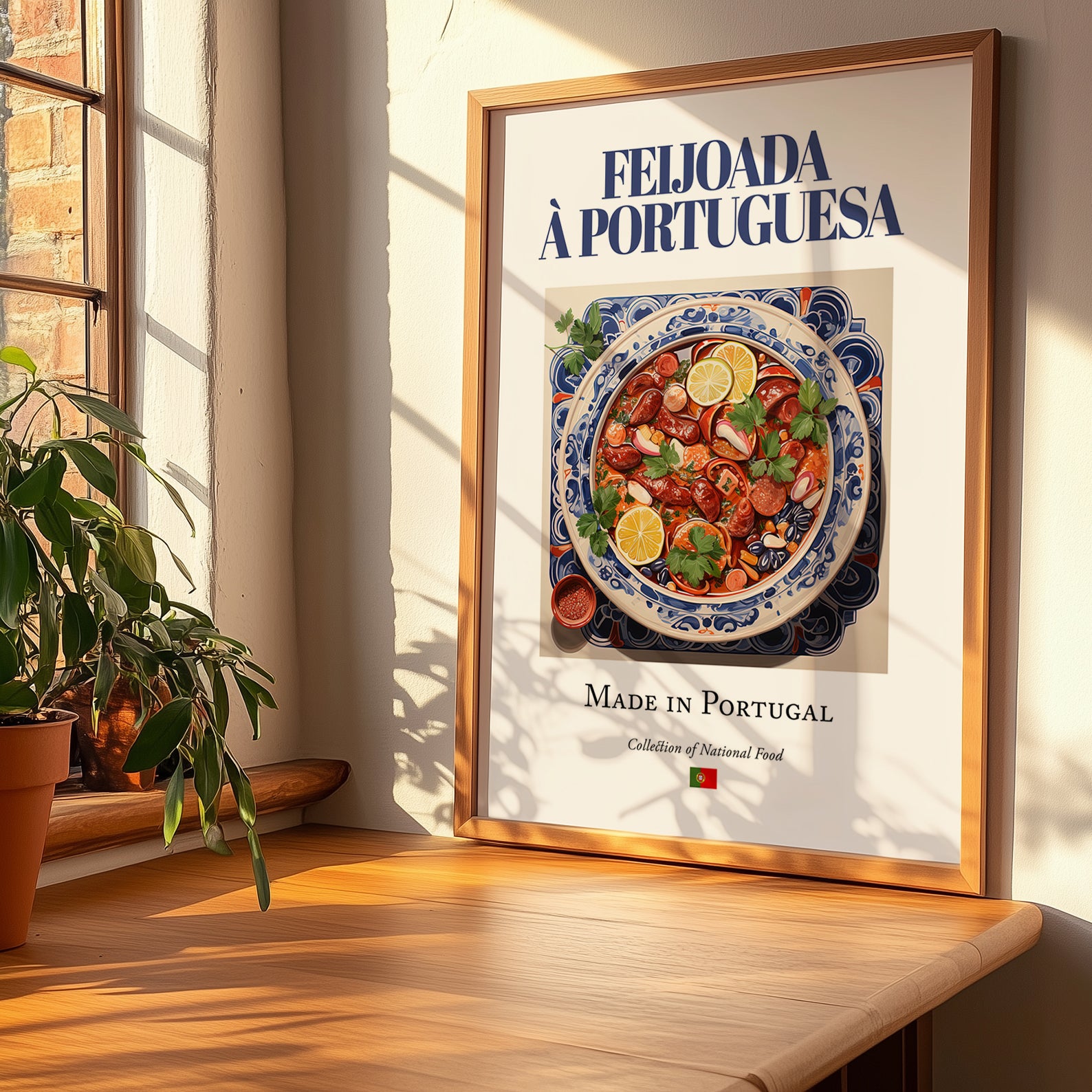 Feijoada à portuguesa – Portuguese Stew Dish, Fine Dining Restaurant Wall Art, no-text version framed in wood