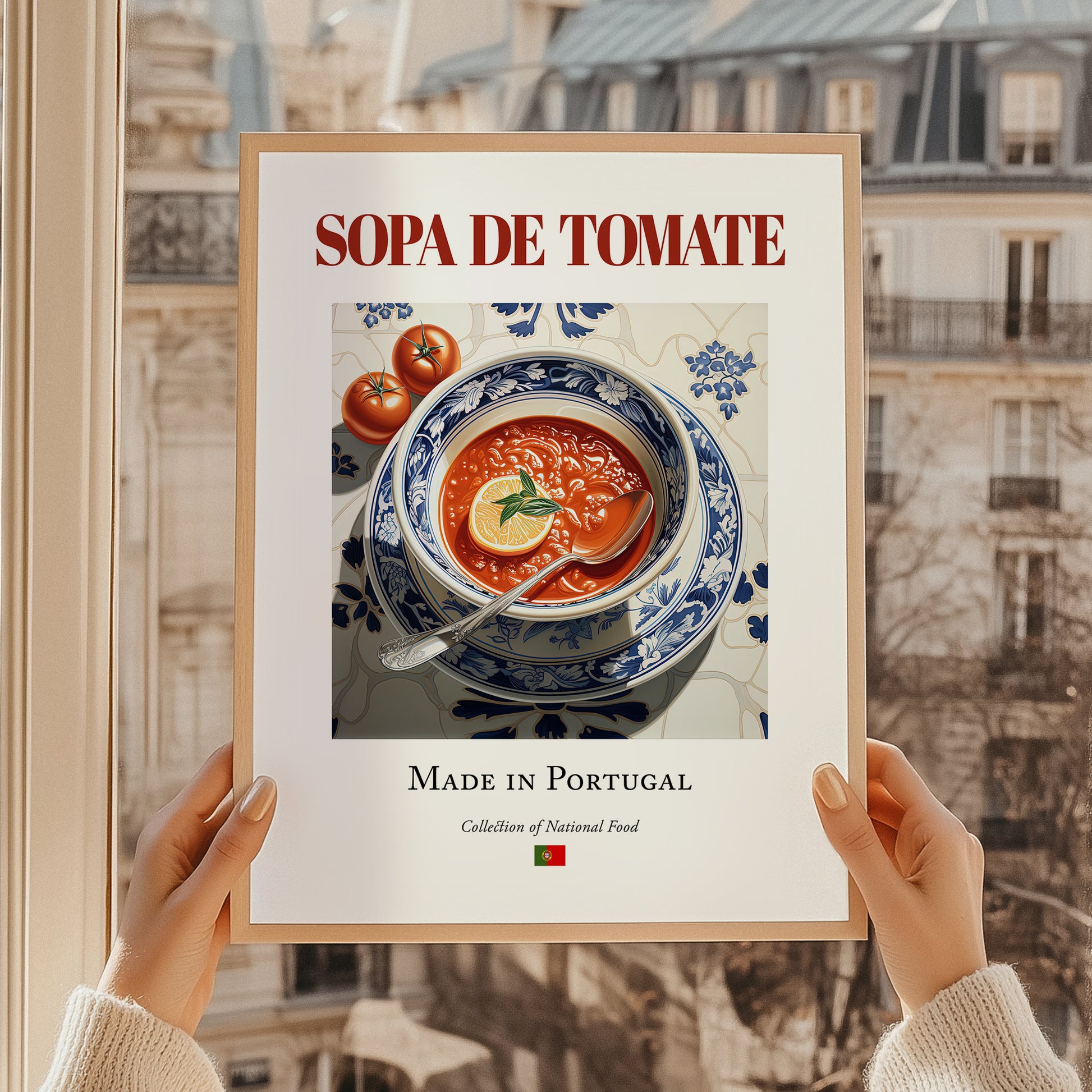 Sopa de tomate – Portuguese Soup Dish, Tavern Wall Art, styled in a charming Paris street view