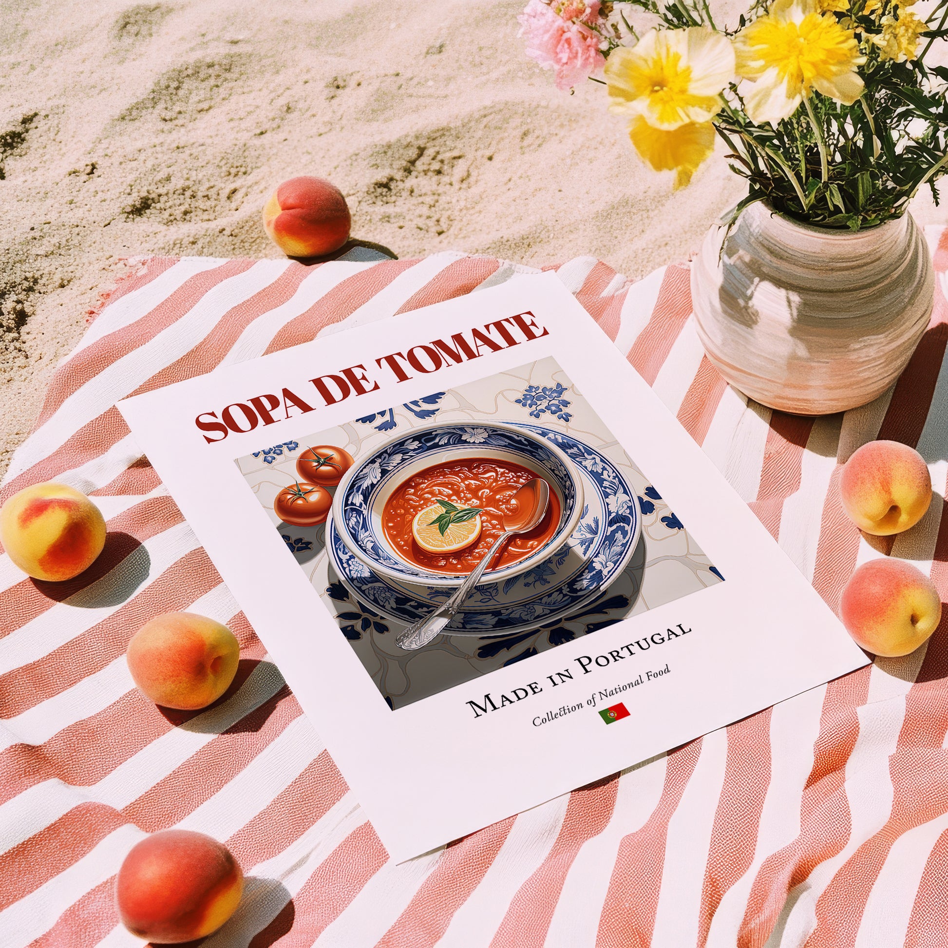 Sopa de tomate – Portuguese Soup Dish, Tavern Wall Art, unframed on coastal sand