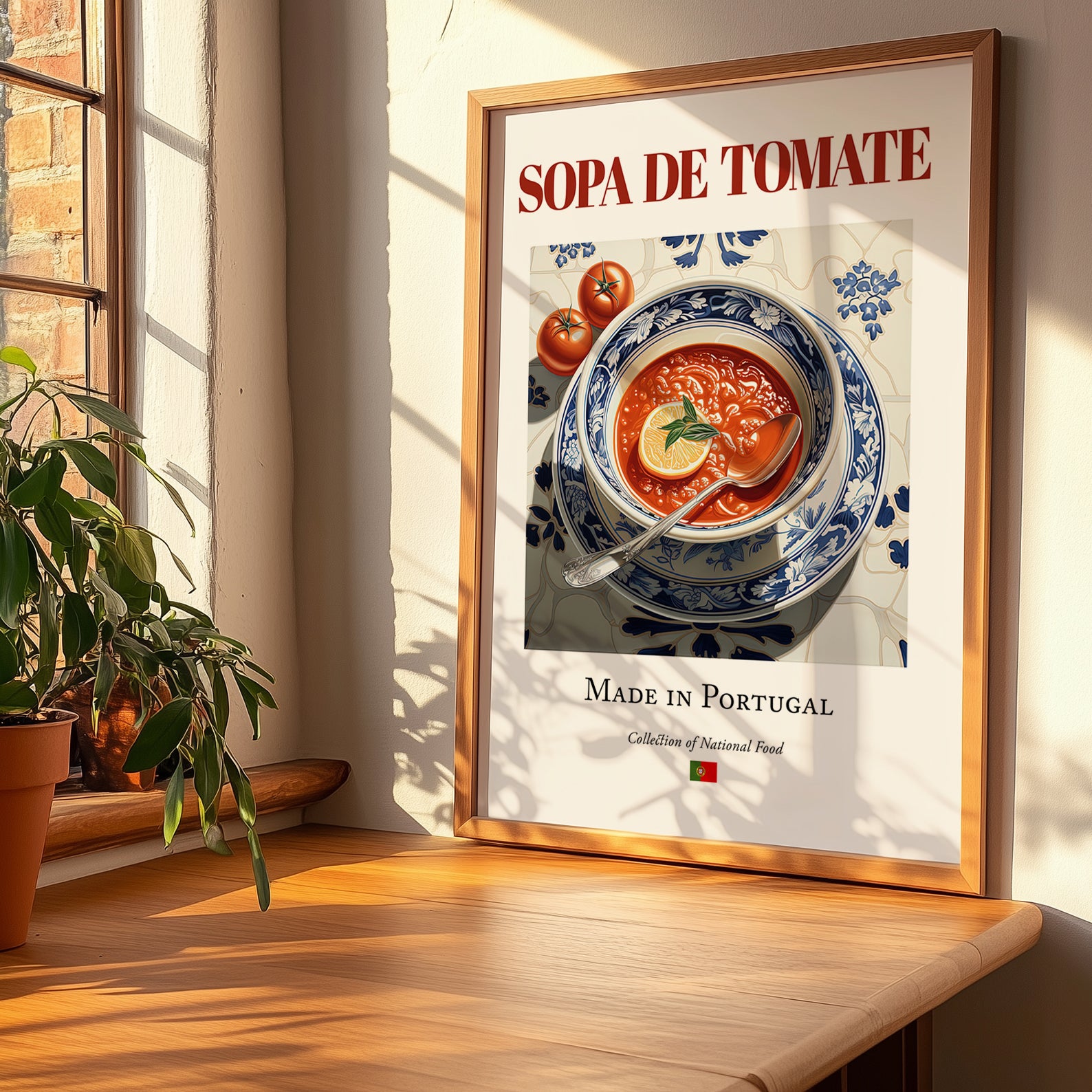 Sopa de tomate – Portuguese Soup Dish, Tavern Wall Art, no-text version framed in wood